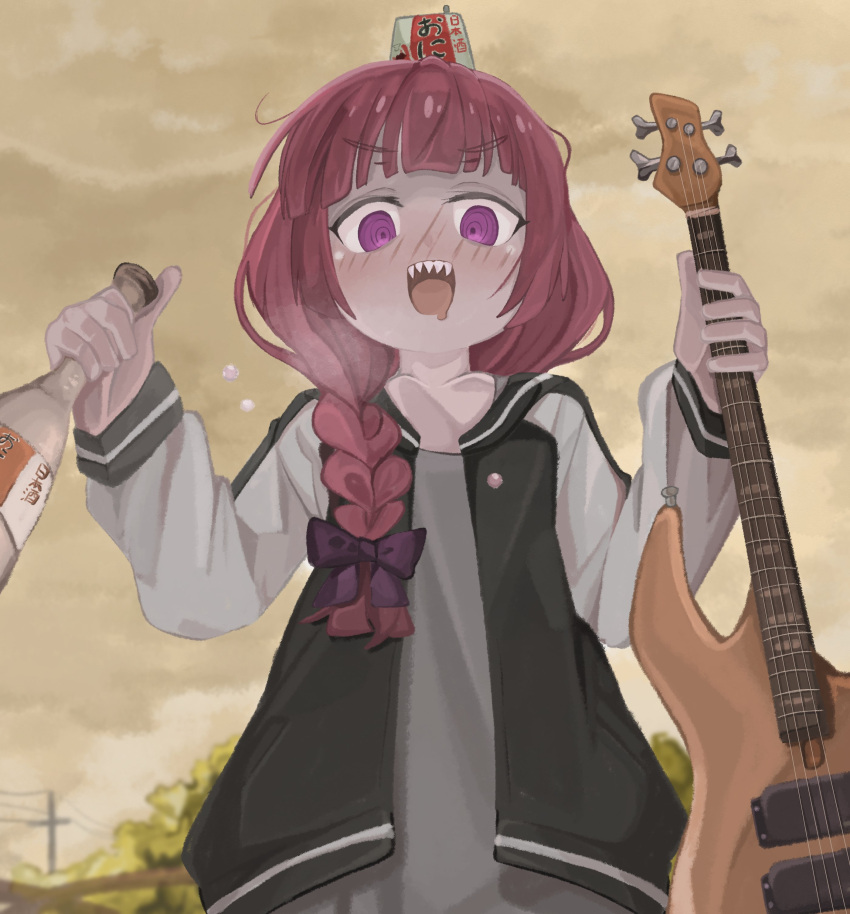 @_@ absurdres alcohol alcohol_carton bass_guitar blush bocchi_the_rock! bottle braid dress drooling from_below full-face_blush green_dress hair_over_shoulder highres hiroi_kikuri holding holding_bottle instrument jacket looking_at_viewer looking_down low-braided_long_hair mouth_drool multicolored_clothes multicolored_jacket naaga_sonomono open_mouth outdoors purple_hair sake sharp_teeth single_braid teeth two-tone_jacket v-shaped_eyebrows violet_eyes