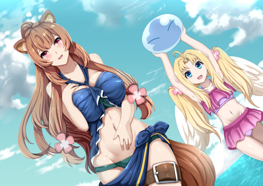 2girls absurdres animal_ears arm_up beach bikini blonde_hair blue_eyes blue_sky blush breasts brown_hair clouds cowboy_shot day firo_(tate_no_yuusha_no_nariagari) flower frilled_bikini frills hair_flower hair_ornament hand_on_own_chest highres k_kung large_breasts looking_at_viewer multiple_girls navel open_mouth outdoors ponytail raccoon_ears raccoon_tail raphtalia rimuru_tempest sarong sky slime swimsuit tail tate_no_yuusha_no_nariagari thigh_strap twintails violet_eyes wings