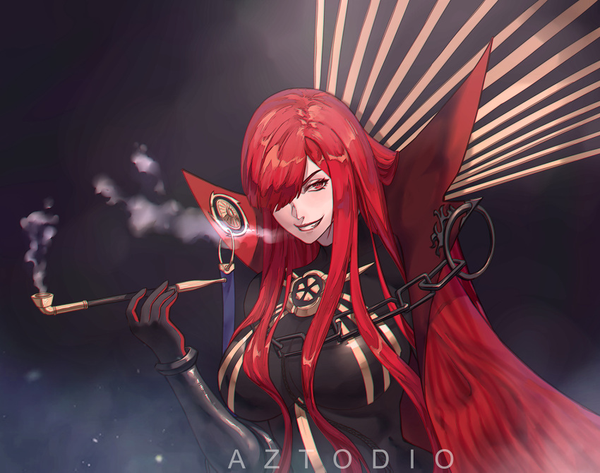 1girl azto_dio black_gloves bodysuit breasts cape chain fate/grand_order fate_(series) gauntlets gloves grin hair_over_one_eye highres kiseru large_breasts lipstick looking_at_viewer makeup oda_nobunaga_(maou_avenger)_(fate) pipe red_eyes red_lipstick redhead smile smoke solo