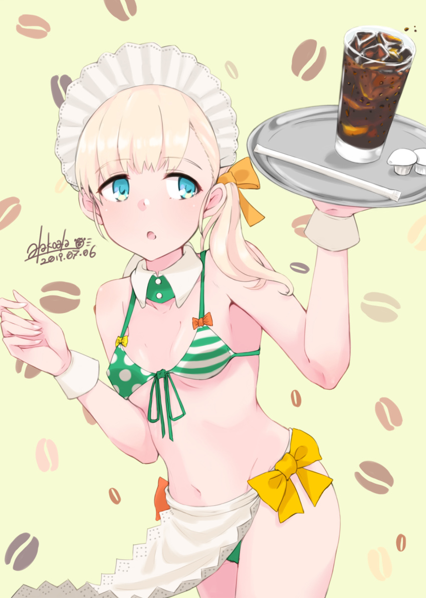 1girl alakoala_shoushou alternate_costume apron bangs bare_shoulders bikini blonde_hair blue_eyes blush breasts coffee collarbone commentary_request cup detached_collar drinking_glass eyebrows_visible_through_hair hair_between_eyes hair_ornament highres holding holding_tray kantai_collection long_hair looking_at_viewer navel open_mouth ribbon shin'you_(kantai_collection) side-tie_bikini side_ponytail simple_background small_breasts solo standing string_bikini striped striped_bikini swimsuit symbol_commentary tray waist_apron