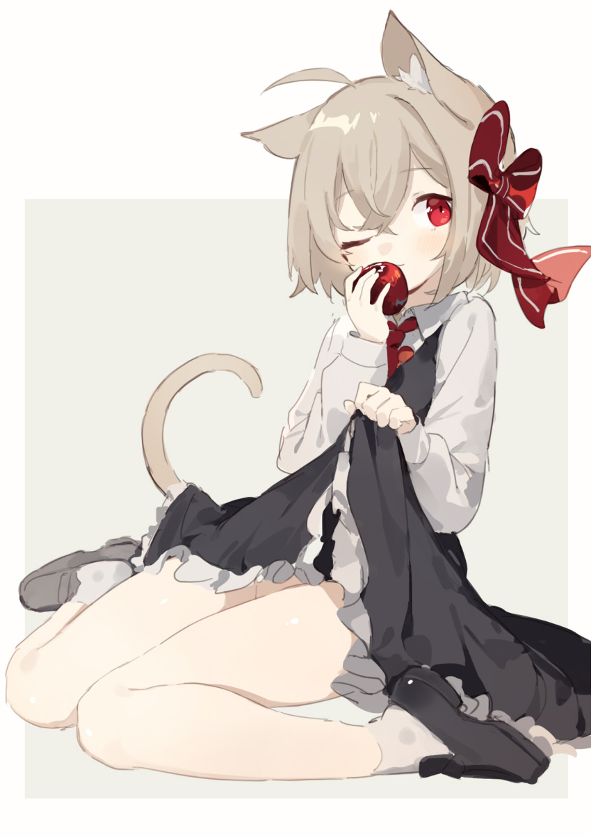 1girl ;) ahoge animal_ears apple bangs black_dress black_footwear blush bow brown_hair cat_ears cat_girl cat_tail closed_mouth commentary_request dress eyebrows_visible_through_hair food frilled_dress frills fruit grey_background hair_between_eyes hair_bow highres holding holding_food kemonomimi_mode loafers long_sleeves one_eye_closed red_apple red_bow red_eyes rumia sh_(562835932) shirt shoes sitting sleeveless sleeveless_dress smile socks solo striped striped_bow tail touhou two-tone_background wariza white_background white_legwear white_shirt