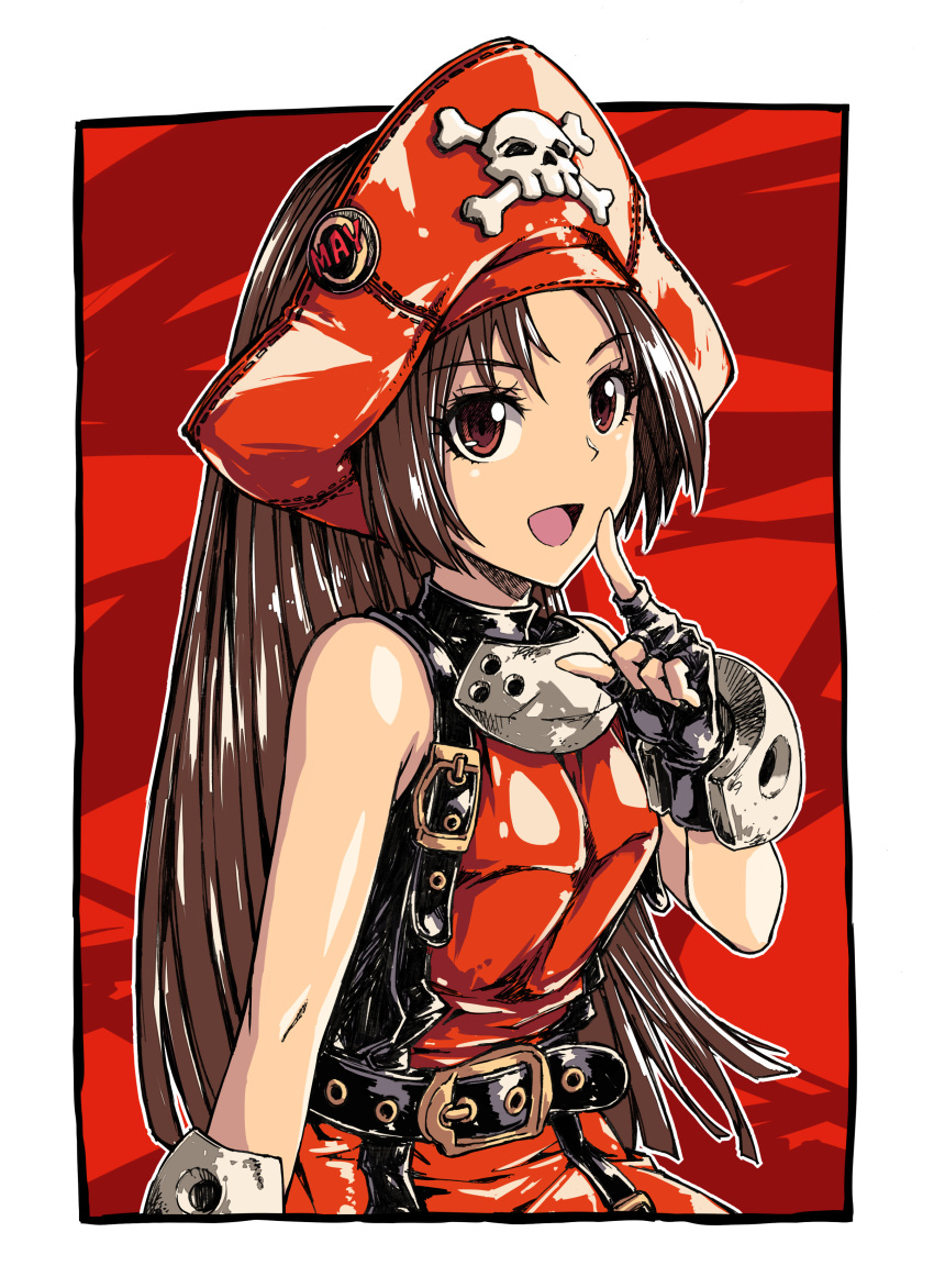 1girl :d absurdres badge bangs bare_arms bare_shoulders belt black_gloves blunt_ends breasts brown_eyes brown_hair buckle button_badge character_name commentary_request cowboy_shot dress eyebrows_visible_through_hair finger_to_cheek fingerless_gloves fish.boy gloves guilty_gear hand_up hat hat_ornament highres index_finger_raised long_hair looking_at_viewer may_(guilty_gear) open_mouth pirate pirate_hat red_dress red_headwear red_theme skull_and_crossbones sleeveless sleeveless_dress small_breasts smile solo standing straight_hair strap vambraces