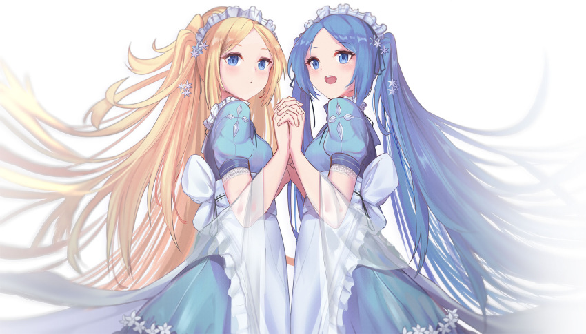 2girls :o apron b_b_b_b66 blonde_hair blue_eyes blue_hair breasts character_request hair_ornament highres holding_hands long_hair looking_at_viewer maid maid_apron maid_headdress medium_breasts multiple_girls puzzle_&amp;_dragons short_sleeves white_background