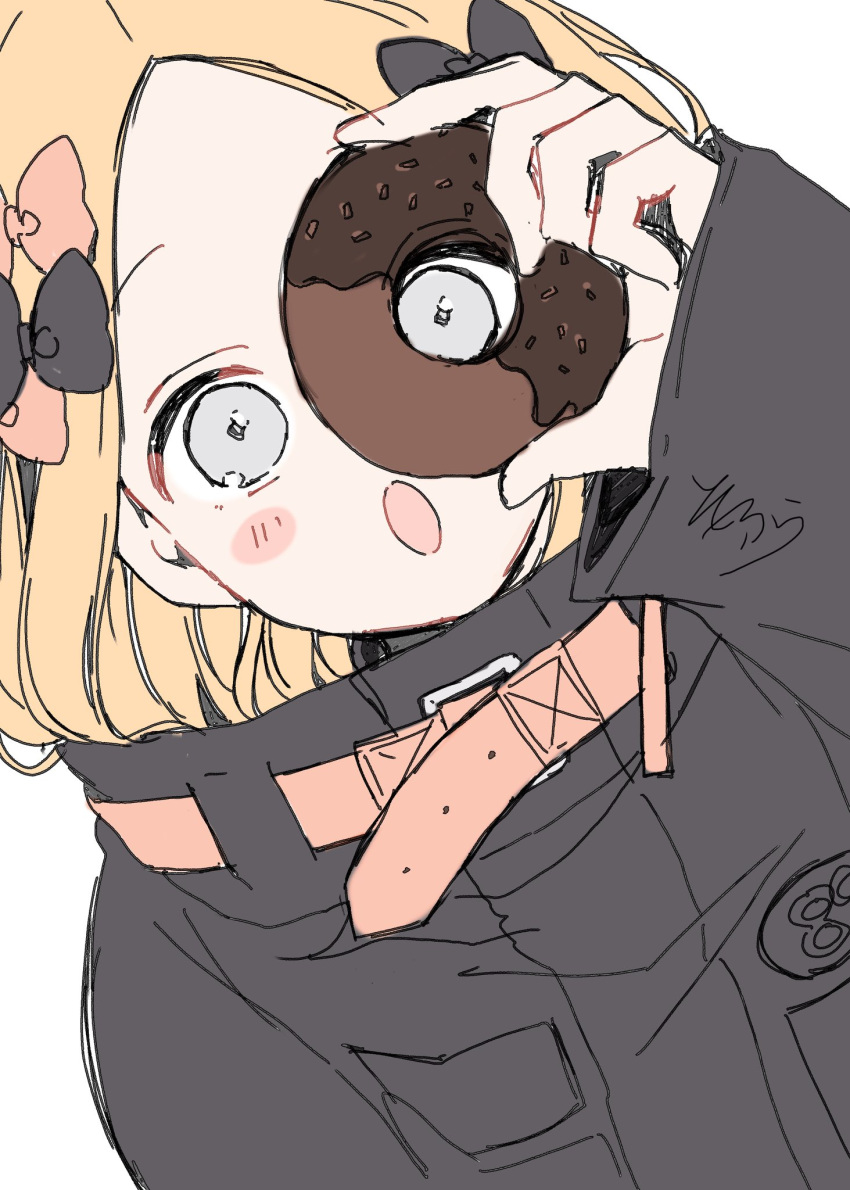 1girl abigail_williams_(fate/grand_order) arm_up bangs black_bow black_jacket blonde_hair blue_eyes blush_stickers bow doughnut dutch_angle fate/grand_order fate_(series) food forehead hair_bow heroic_spirit_traveling_outfit highres holding holding_food jacket long_hair long_sleeves open_mouth orange_bow parted_bangs simple_background sleeves_past_wrists sofra solo white_background