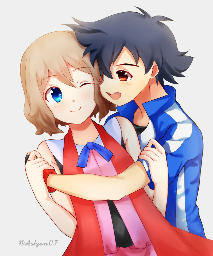 1boy 1girl :d ;) ashujou black_gloves black_hair blue_eyes blue_jacket blue_ribbon brown_hair couple eye_contact fingerless_gloves gloves grey_background highres holding_hands hug jacket looking_at_another neck_ribbon one_eye_closed open_clothes open_jacket open_mouth pokemon pokemon_(anime) red_eyes ribbon satoshi_(pokemon) serena_(pokemon) shirt short_hair short_sleeves simple_background sleeveless sleeveless_shirt smile twitter_username upper_body