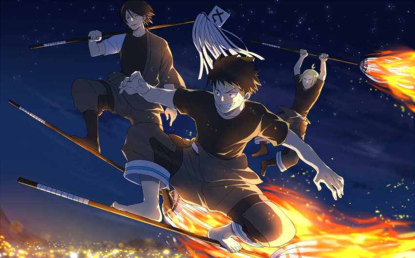 3boys ahoge akitaru_oubi arthur_boyle barefoot black_hair black_legwear black_shirt blonde_hair broom broom_riding brown_eyes enen_no_shoubotai fire grin hanging_on highres male_focus mop multiple_boys night night_sky outdoors red_eyes satou_(fujisanjj-mesigaumaize) sharp_teeth shinra_kusakabe shirt sky smile teeth