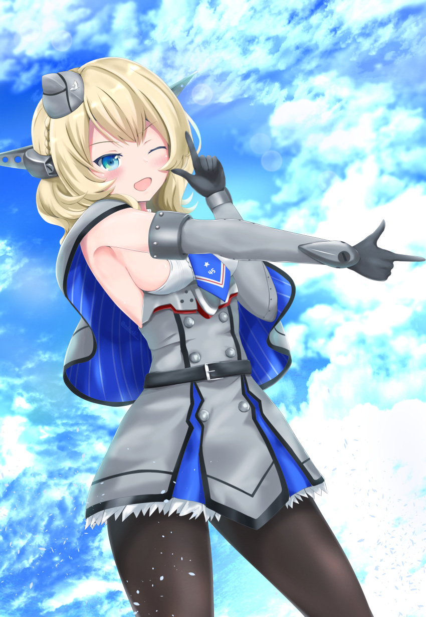 1girl absurdres black_gloves black_legwear blonde_hair blue_eyes blue_neckwear blue_sky breasts capelet clouds colorado_(kantai_collection) day dress elbow_gloves finger_gun garrison_cap gloves grey_dress hat headgear highres kantai_collection large_breasts looking_at_viewer necktie one_eye_closed outdoors pantyhose pleated_dress shirt short_hair side_braids sideboob sky sleeveless solakaki solo white_shirt