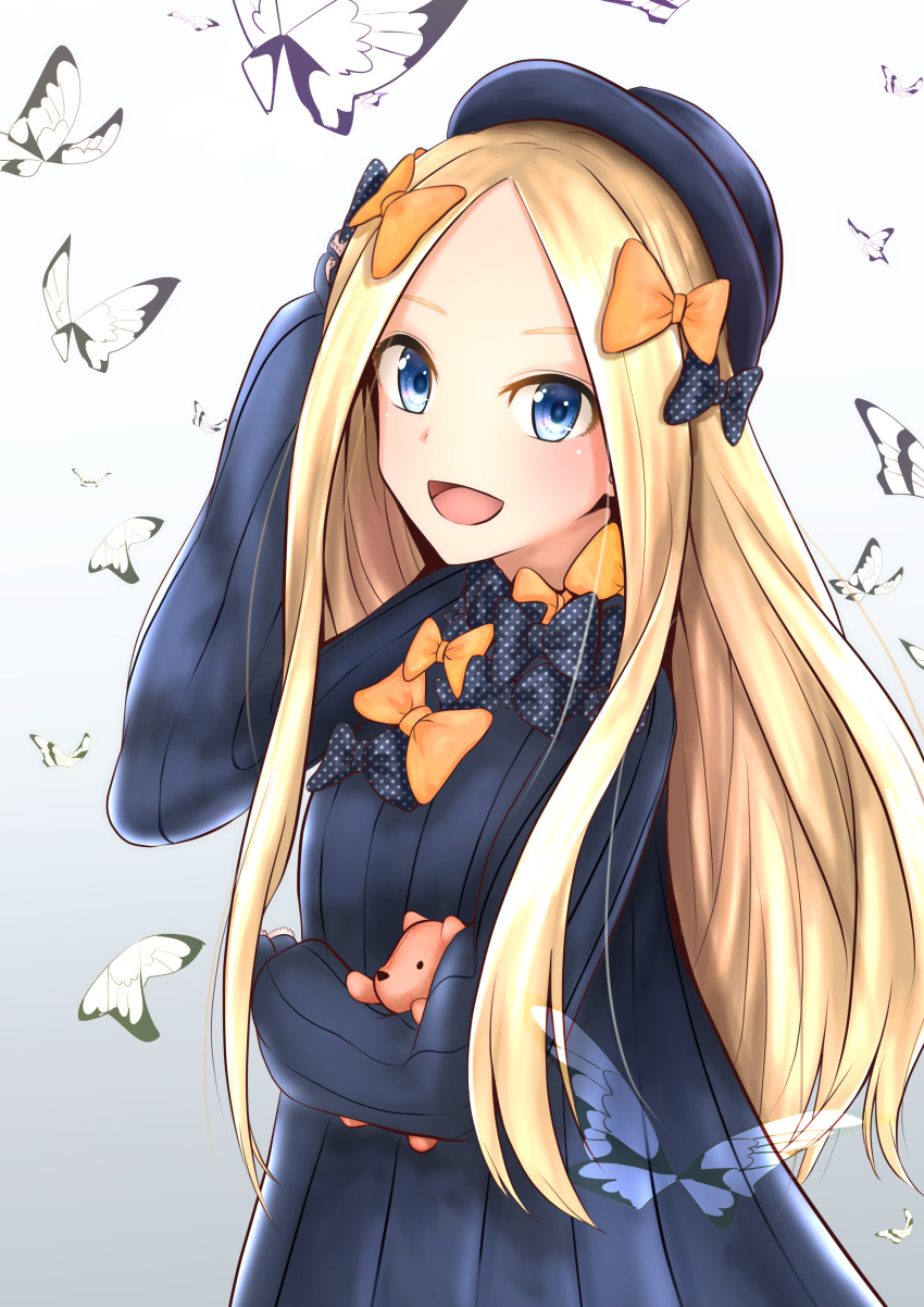 1girl :d abigail_williams_(fate/grand_order) absurdres bangs black_bow black_headwear blonde_hair blue_eyes bow commentary_request dress fate/grand_order fate_(series) hair_bow hat highres long_hair long_sleeves looking_at_viewer mee_0w0 open_mouth orange_bow parted_bangs polka_dot polka_dot_bow sleeves_past_fingers sleeves_past_wrists smile solo striped striped_dress stuffed_animal stuffed_toy teddy_bear umbrella very_long_hair