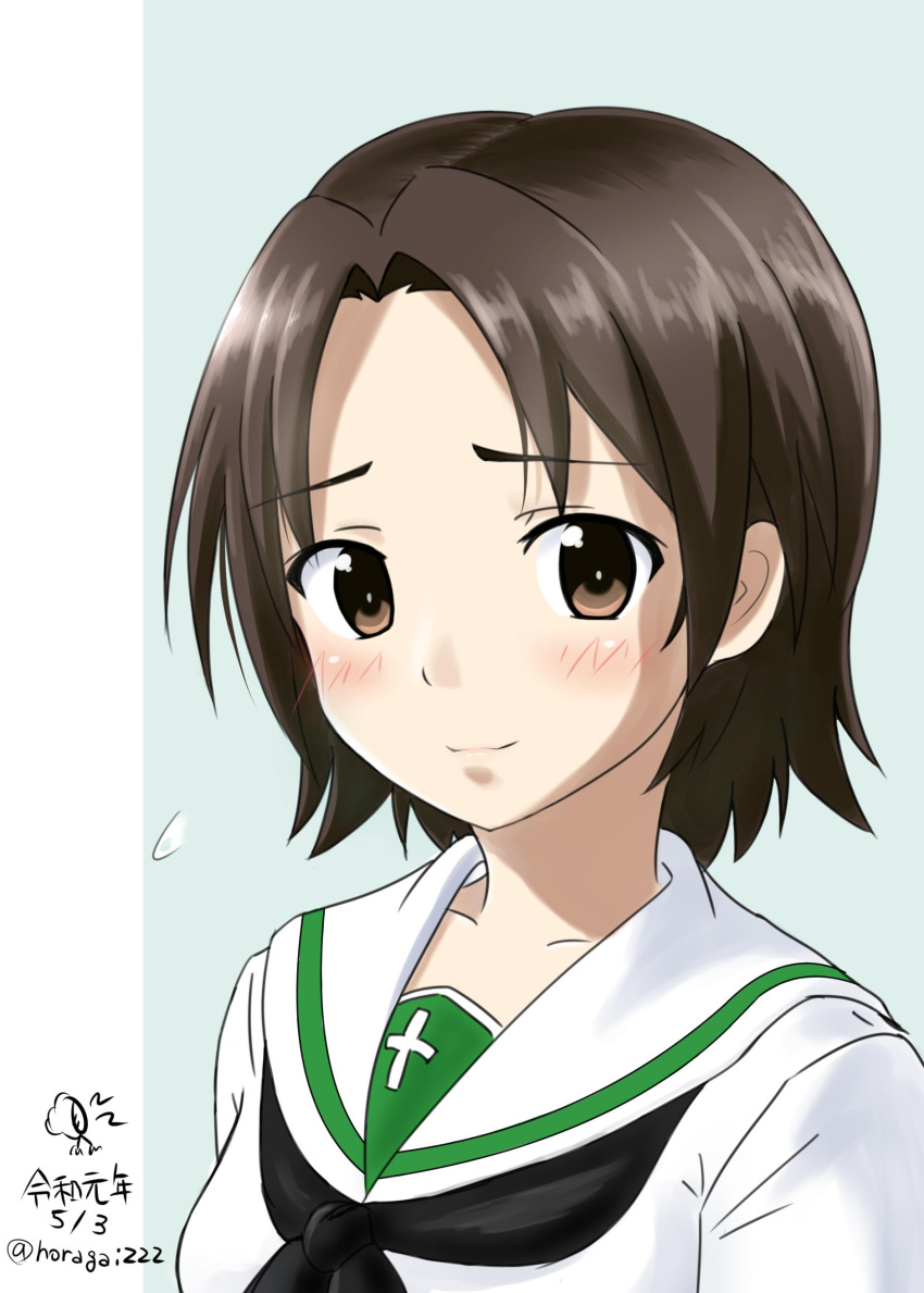 1girl absurdres artist_logo bangs black_neckwear blouse brown_eyes brown_hair closed_mouth commentary dated eyebrows_visible_through_hair flying_sweatdrops girls_und_panzer green_background highres horagai_(horagai222) light_blush looking_at_viewer neckerchief ooarai_school_uniform parted_bangs portrait reiwa sawa_azusa school_uniform serafuku short_hair smile solo translated twitter_username white_blouse