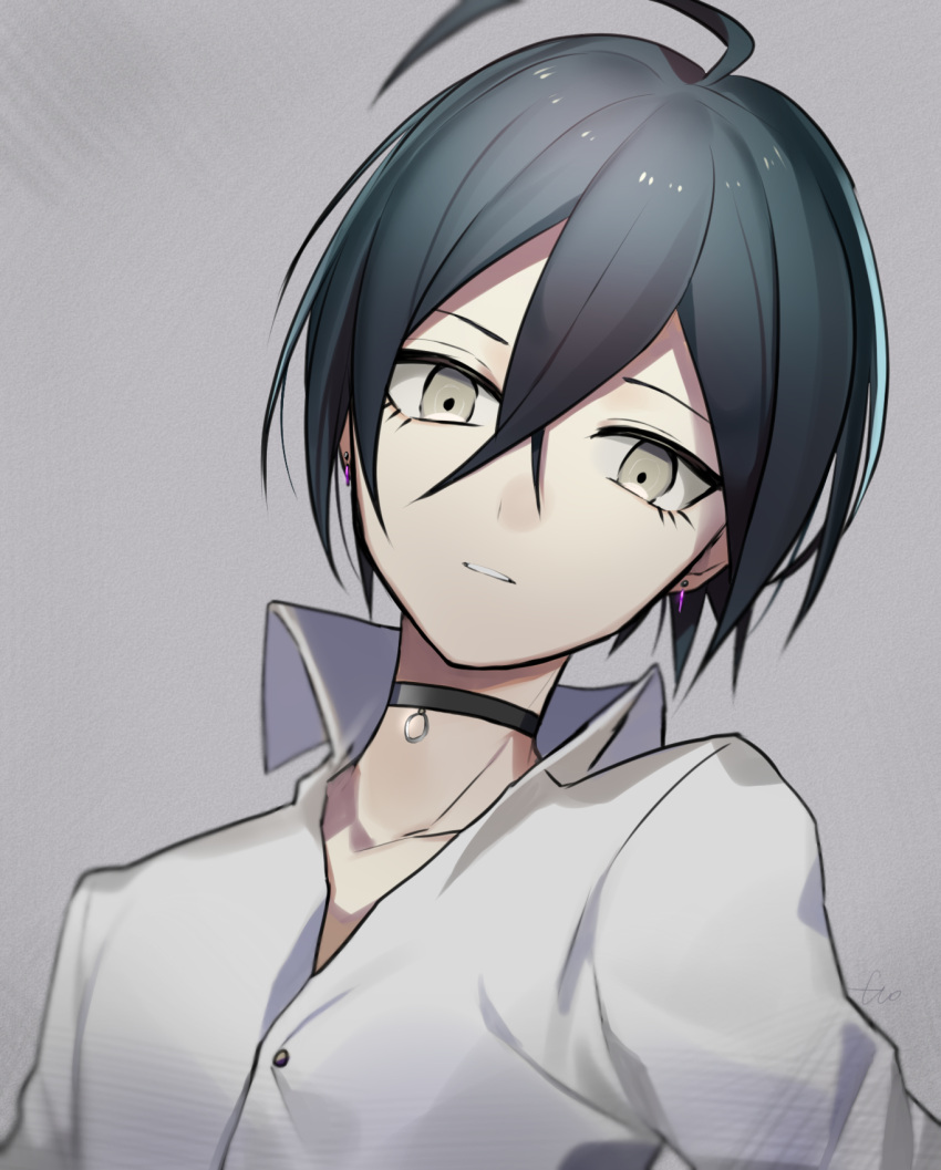 1boy ahoge alternate_costume black_choker black_hair choker collarbone commentary_request dangan_ronpa earrings grey_background hair_between_eyes highres huyuharu0214 jewelry looking_at_viewer male_focus new_dangan_ronpa_v3 saihara_shuuichi shirt short_hair simple_background solo white_shirt yellow_eys