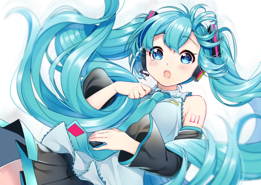 1girl :o aqua_eyes aqua_hair aqua_neckwear bare_shoulders black_skirt blush detached_sleeves hair_ornament hatsune_miku headphones headset highres long_hair looking_at_viewer masumofu nail_polish necktie open_mouth shirt shoulder_tattoo skirt sleeveless sleeveless_shirt solo tattoo twintails very_long_hair vocaloid