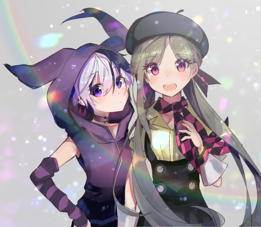 2girls arm_warmers beret blush checkered checkered_scarf collar collarbone expressionless flower_(vocaloid) green_hair hand_on_hip hat holding_scarf hood hoodie jacket lens_flare long_hair looking_at_viewer multicolored_hair multiple_girls note55885 open_mouth pink_eyes purple_hair purple_jacket rainbow scarf shirt short_hair sleeveless_jacket smile streaked_hair suspenders upper_body v_flower_(vocaloid4) violet_eyes vocaloid white_hair xin_hua xin_hua_(vocaloid4) yellow_shirt