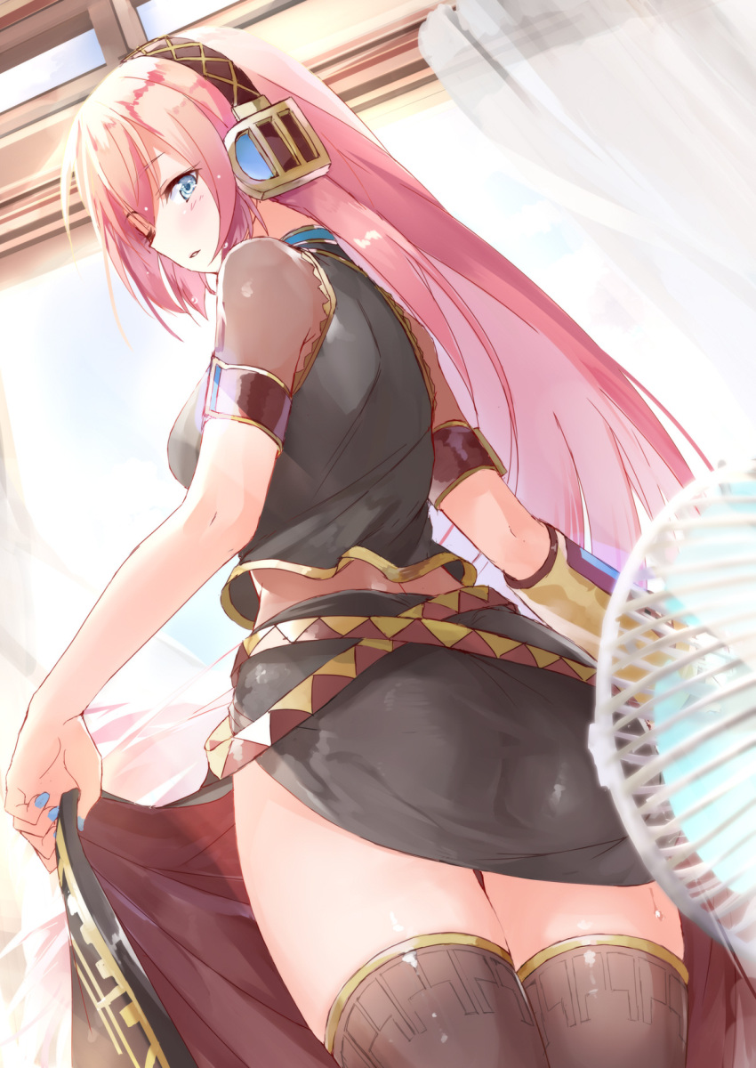 1girl armband asymmetrical_sleeves belt blue_eyes blush cowboy_shot crop_top daidou_(demitasse) electric_fan fan fanning_self from_behind from_below headphones highres indoors long_hair looking_down megurine_luka parted_lips pink_hair skirt skirt_lift solo thigh-highs very_long_hair vocaloid window