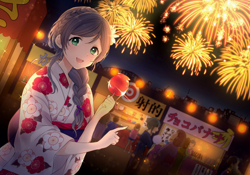 2boys 6+girls :d absurdres alternate_hairstyle bangs braid braiding_hair candy_apple chinese_text city_lights cotton_candy crown_braid festival fireworks floral_print food green_eyes hair_over_shoulder hairdressing highres japanese_clothes kanji kazehana_(spica) kimono lampion looking_at_viewer love_live! love_live!_school_idol_project multiple_boys multiple_girls nail_polish night night_sky open_mouth outdoors pointing sky smile sparkle stall stuffed_animal stuffed_toy summer_festival teddy_bear toujou_nozomi yukata