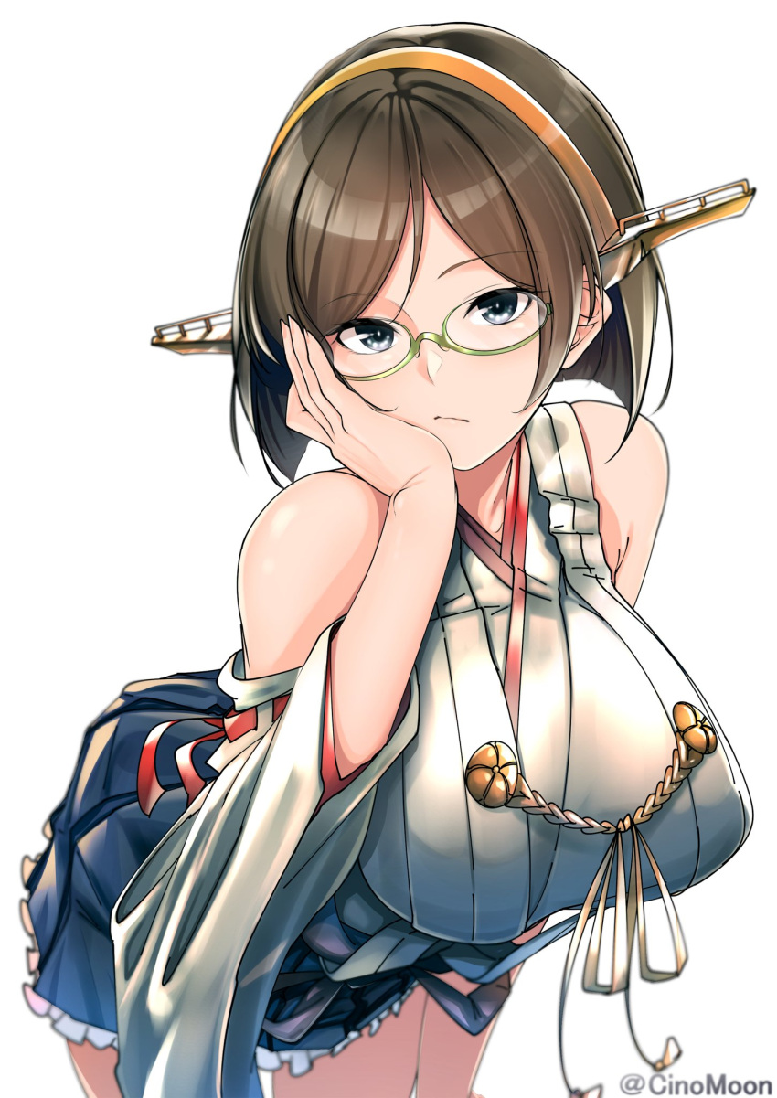 1girl adjusting_eyewear black_hair black_skirt boots breasts cowboy_shot detached_sleeves frilled_skirt frills frown glasses green-framed_eyewear hairband headgear highres japanese_clothes kantai_collection kirishima_(kantai_collection) large_breasts leaning_forward looking_at_viewer ribbon-trimmed_sleeves ribbon_trim short_hair simple_background skirt solo standing tatsu_shinomu thigh-highs thigh_boots twitter_username white_background