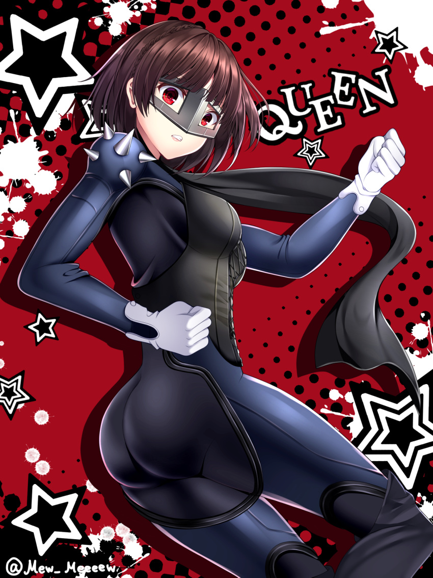 1girl ass blue_bodysuit bodysuit breasts brown_hair character_name clenched_hands clenched_teeth gloves highres looking_at_viewer mask medium_breasts nabekokoa niijima_makoto parted_lips persona persona_5 red_eyes shiny shiny_hair short_hair solo teeth white_gloves