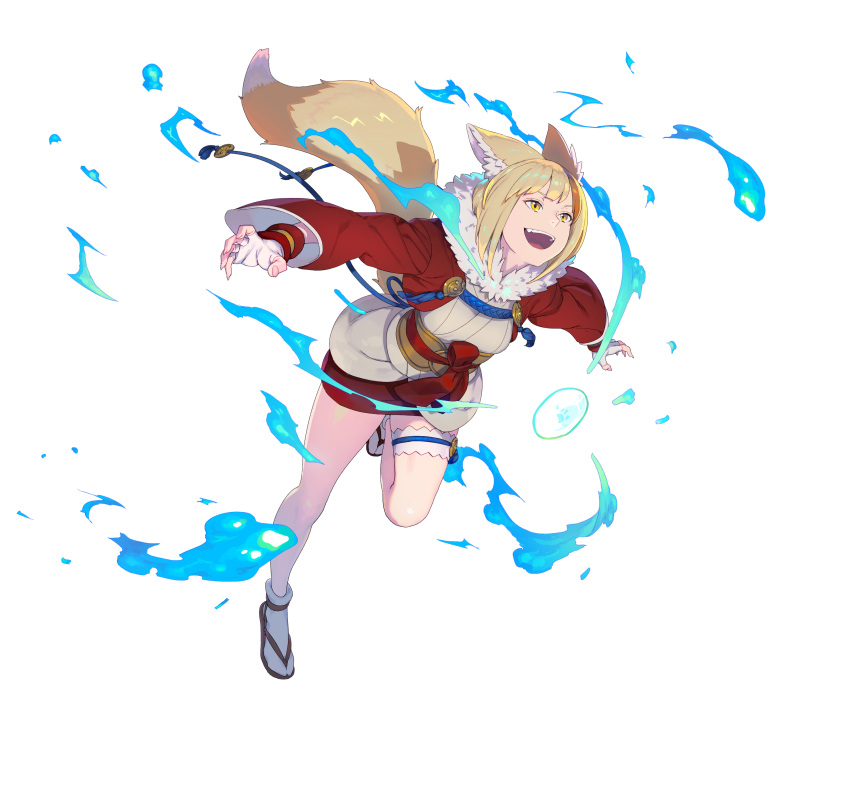 1girl absurdres animal_ears bangs blonde_hair brown_hair fingerless_gloves fire_emblem fire_emblem_fates fire_emblem_heroes fox_ears fox_tail full_body fur_trim gloves glowing highres japanese_clothes leg_up long_sleeves multicolored_hair nagisa_kurousagi official_art open_mouth sandals selkie_(fire_emblem) shiny shiny_hair short_hair smile solo stone tabi tail thigh_strap transparent_background white_legwear wide_sleeves yellow_eyes