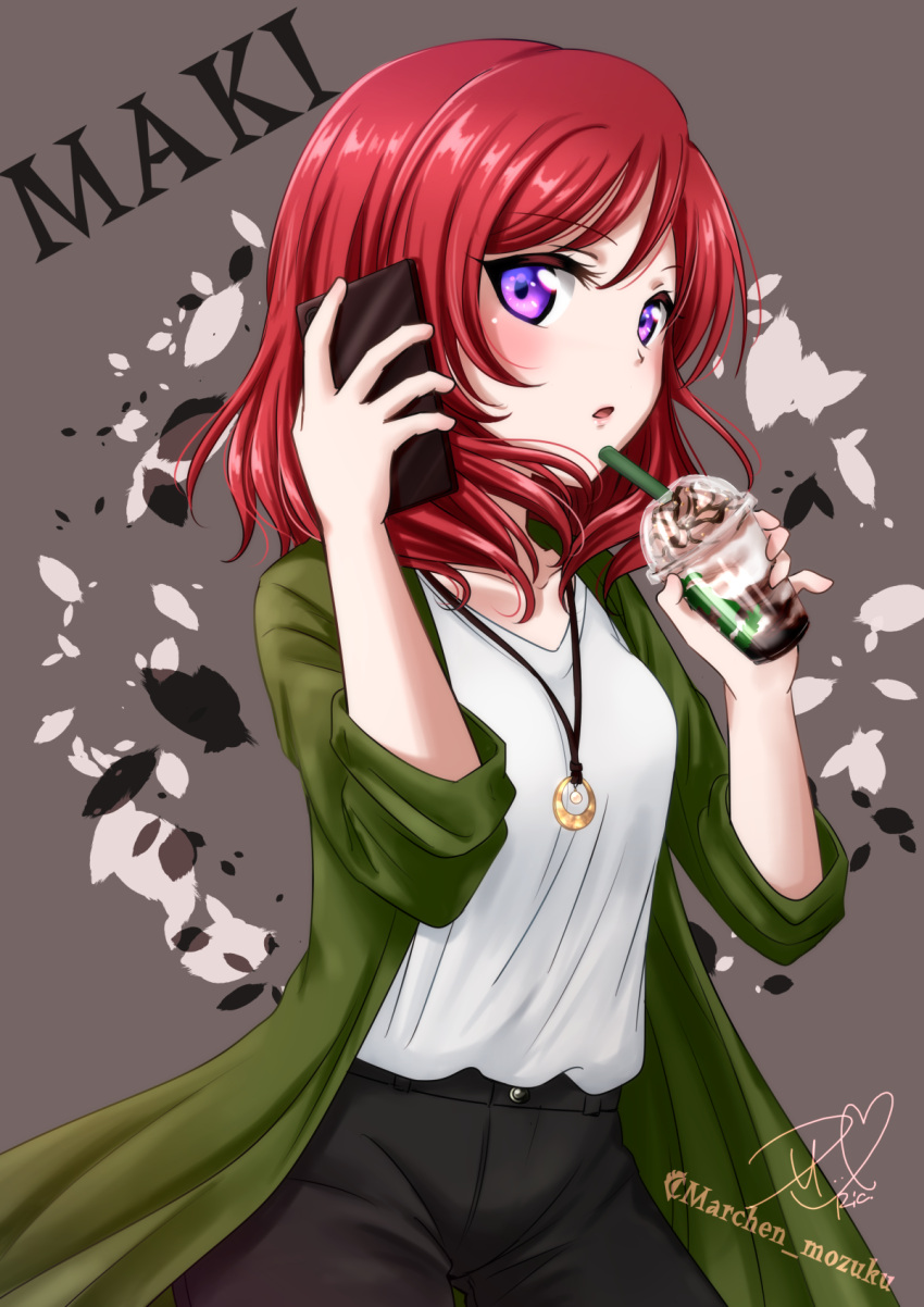 1girl black_pants cellphone character_name coat eyebrows_visible_through_hair green_coat grey_background highres holding holding_phone jewelry long_hair looking_at_viewer love_live! love_live!_school_idol_project necklace nishikino_maki open_clothes open_coat open_mouth pants phone redhead ric_(fwpbox) shiny shiny_hair shirt smartphone solo standing violet_eyes white_shirt