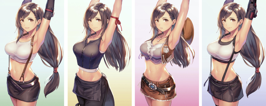 1girl :d absurdres anbe_yoshirou armpits arms_up bare_shoulders belt black_hair black_skirt breasts brown_eyes collarbone commentary_request cowboy_shot crop_top earrings elbow_pads final_fantasy final_fantasy_vii final_fantasy_vii_advent_children final_fantasy_vii_remake gradient gradient_background highres jewelry large_breasts long_hair looking_at_viewer low-tied_long_hair midriff miniskirt navel open_mouth pencil_skirt shirt skirt sleeveless sleeveless_shirt smile solo standing stomach suspender_skirt suspenders tank_top taut_clothes taut_shirt tifa_lockhart very_long_hair white_shirt