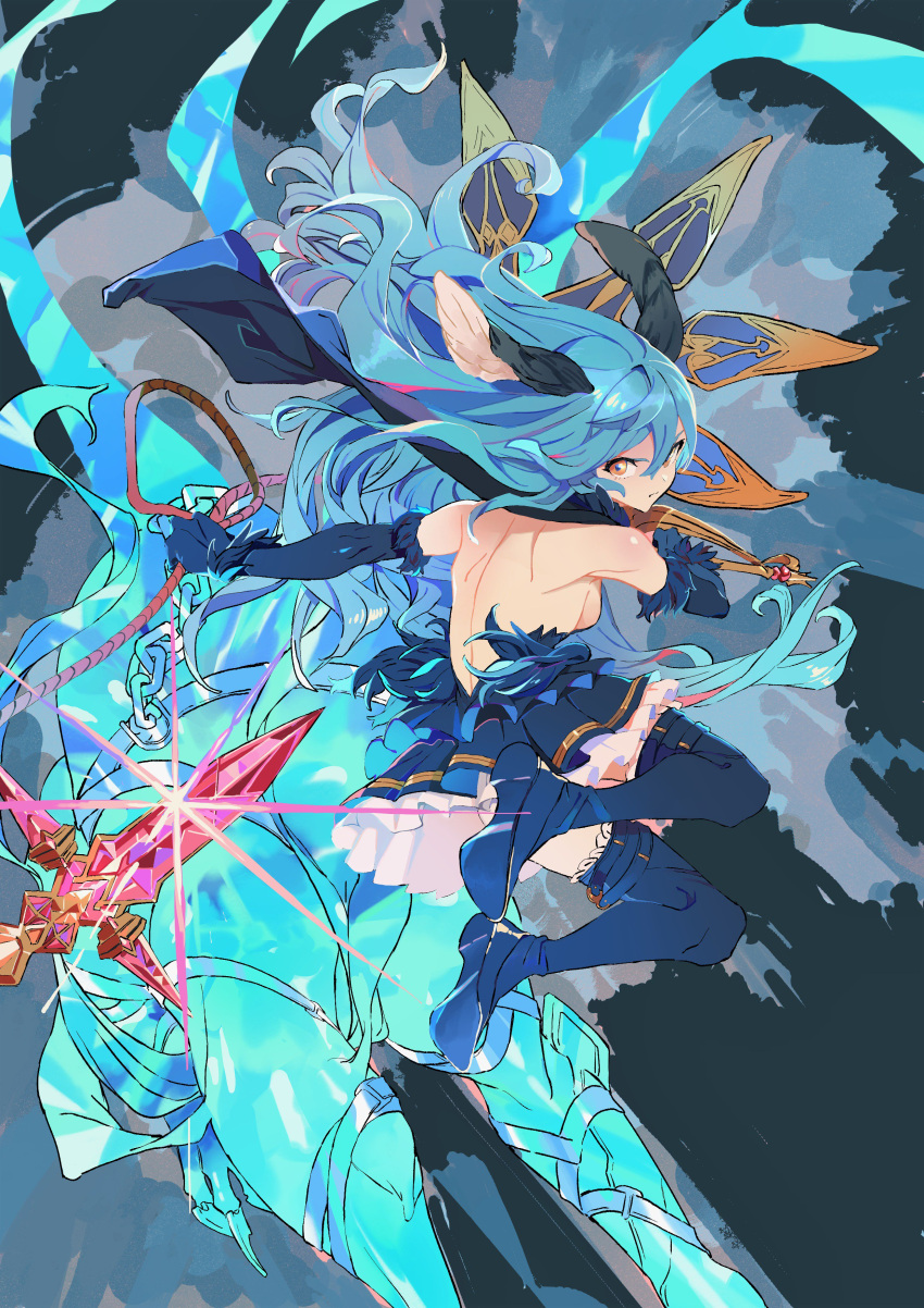 1girl absurdres animal_ears aqua_eyes bare_back bare_shoulders boot_straps boots breasts brown_eyes elbow_gloves ferry_(granblue_fantasy) frown fur_trim gloves granblue_fantasy highres layered_skirt long_hair looking_at_viewer scarf sideboob skirt solo thigh-highs thigh_boots wavy_hair whip you_(nanban319)