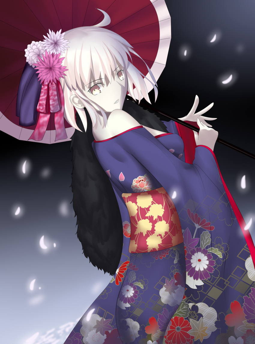 1girl absurdres black_kimono breasts dutch_angle fate/grand_order fate_(series) floral_print flower from_side furisode hair_flower hair_ornament highres holding holding_umbrella japanese_clothes jeanne_d'arc_(alter)_(fate) jeanne_d'arc_(fate)_(all) kimono long_sleeves looking_at_viewer medium_breasts obi off_shoulder petals pink_flower print_kimono red_umbrella sash short_hair sideboob silver_hair sitnon solo standing umbrella white_flower white_skin wide_sleeves yellow_eyes yukata