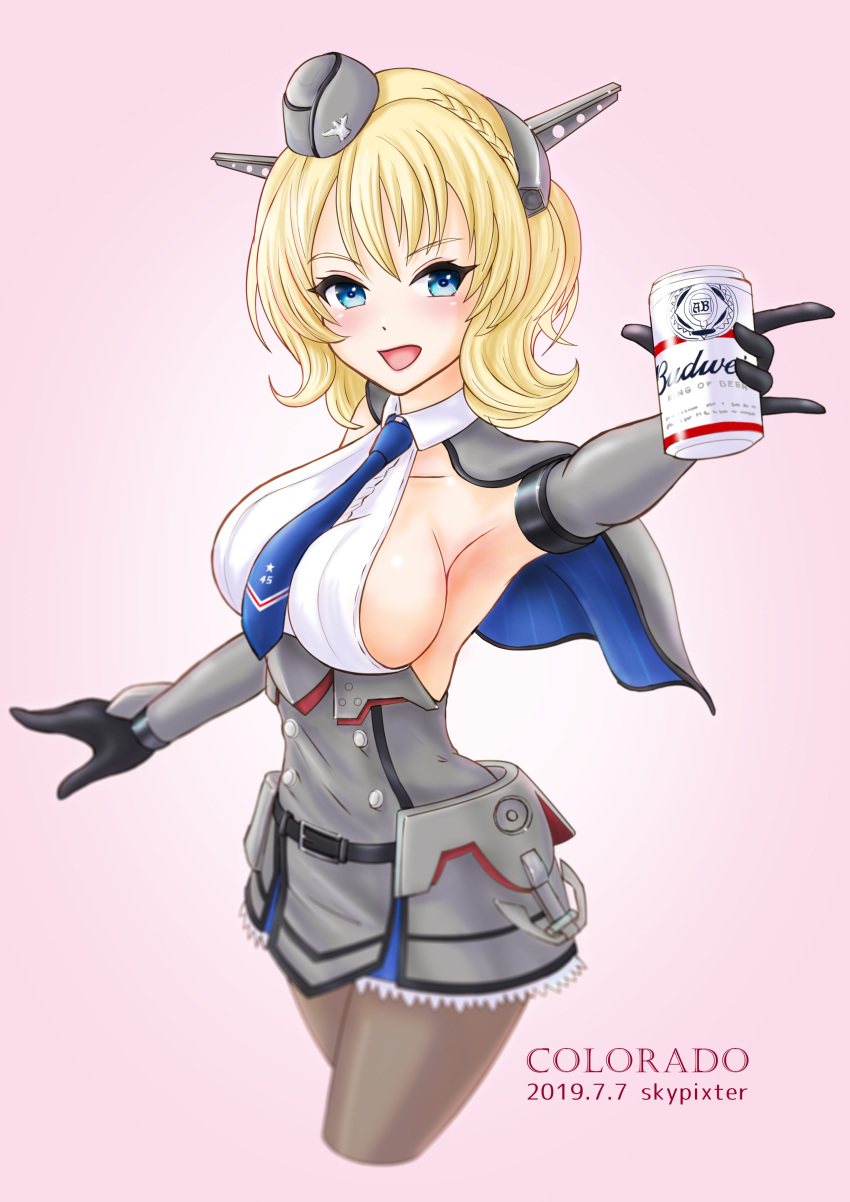 1girl absurdres artist_name beer_can black_gloves black_legwear blonde_hair blue_eyes blue_neckwear breasts budweiser can capelet character_name colorado_(kantai_collection) commentary_request cowboy_shot cropped_legs dated dress elbow_gloves garrison_cap gloves grey_dress grey_headwear hat headgear highres kantai_collection large_breasts looking_at_viewer necktie open_mouth pantyhose pink_background pleated_dress shirt short_hair side_braids sideboob skypixter sleeveless smile solo white_shirt