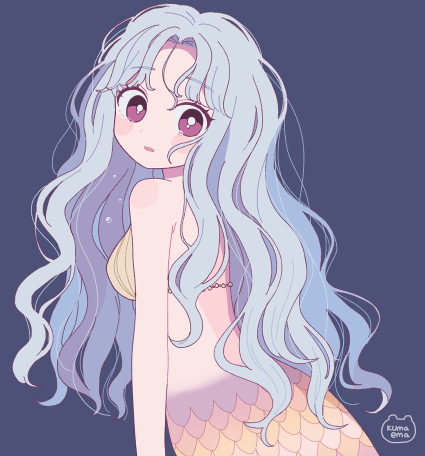 1girl absurdres bangs blue_background blue_hair bright_pupils eyebrows_visible_through_hair from_behind highres long_hair looking_at_viewer mermaid monster_girl nokanok original parted_bangs parted_lips scales shell shell_bikini simple_background solo tears violet_eyes white_pupils