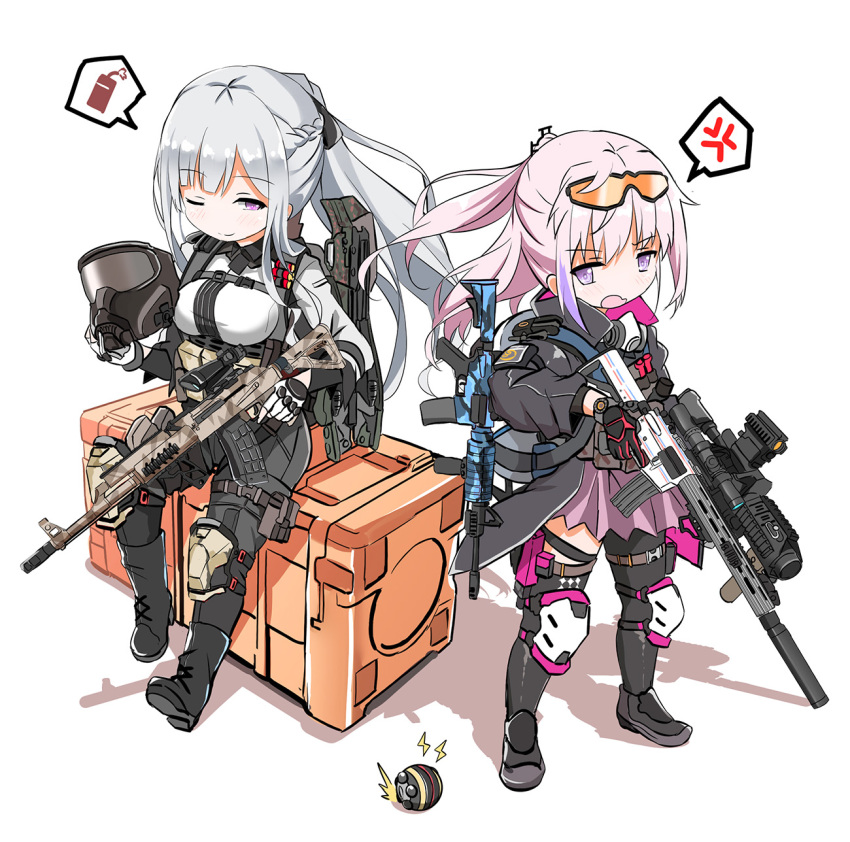 2girls ak-12_(girls_frontline) anger_vein assault_rifle asymmetrical_legwear black_gloves black_pants black_ribbon blush braid breasts closed_mouth explosive eyebrows_visible_through_hair fatkewell french_braid gas_mask girls_frontline gloves grenade gun highres holding holding_gun holding_weapon jacket knee_pads mask mask_removed medium_breasts multicolored_hair multiple_girls one_eye_closed one_side_up open_mouth pants pink_hair pleated_skirt ribbon rifle scope silver_hair sitting skirt smile spoken_anger_vein st_ar-15_(girls_frontline) standing streaked_hair thigh_strap trigger_discipline violet_eyes weapon white_background white_gloves