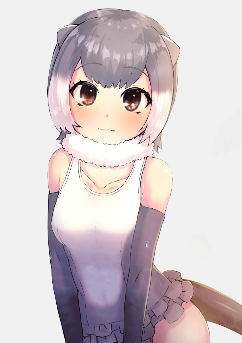 1girl :3 absurdres animal_ears brown_eyes collarbone commentary deku_suke elbow_gloves eyebrows_visible_through_hair frilled_swimsuit frills fur_collar gloves gradient_hair grey_hair grey_swimsuit highres kemono_friends light_smile looking_at_viewer multicolored_hair one-piece_swimsuit otter_ears otter_tail short_hair simple_background small-clawed_otter_(kemono_friends) solo swimsuit tail two-tone_swimsuit white_background white_hair white_swimsuit
