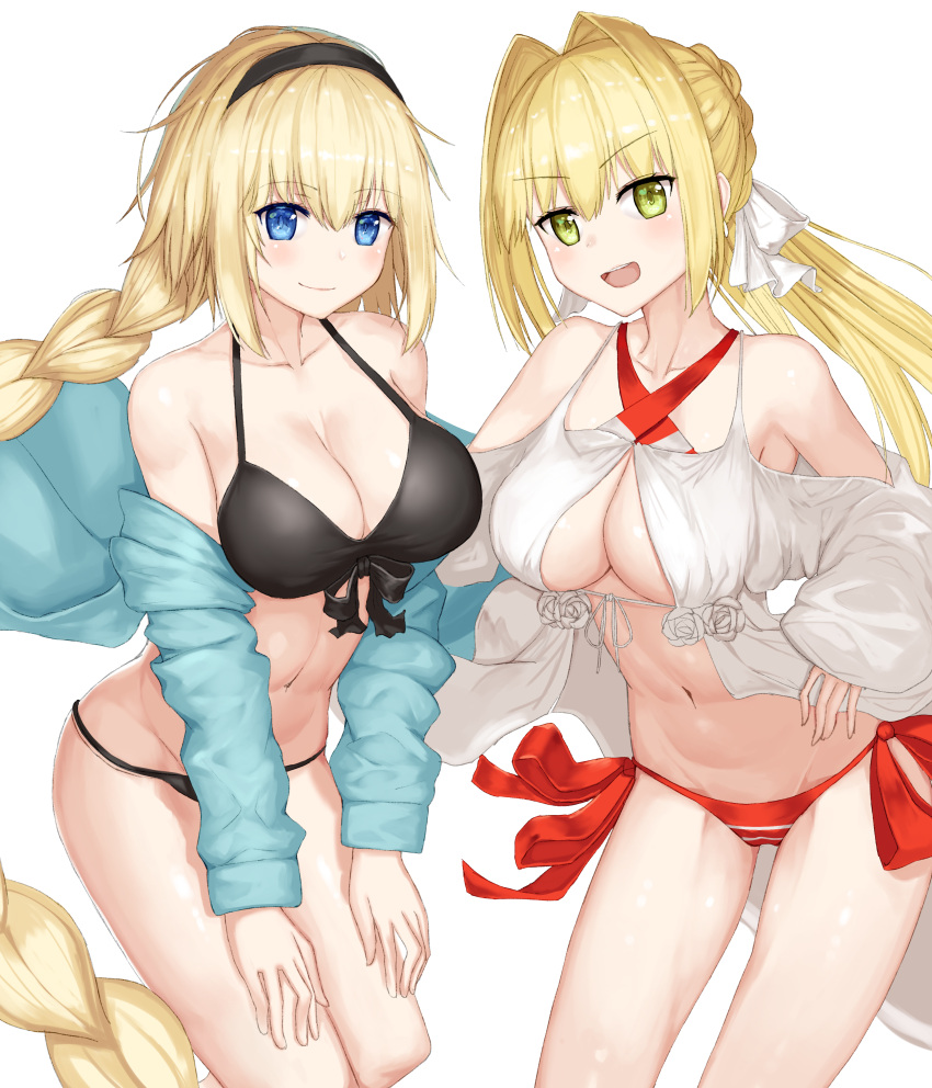 2girls absurdres bikini black_swimsuit blonde_hair blue_eyes blush fate/apocrypha fate/extra fate/grand_order fate_(series) flower green_eyes highres hoshibudou jeanne_d'arc_(fate)_(all) jeanne_d'arc_(swimsuit_archer) looking_at_viewer multiple_girls nero_claudius_(fate)_(all) nero_claudius_(swimsuit_caster)_(fate) open_mouth red_sweater ribbon rose simple_background smile sweater swimsuit swimsuit_under_clothes white_background white_flower white_ribbon white_rose