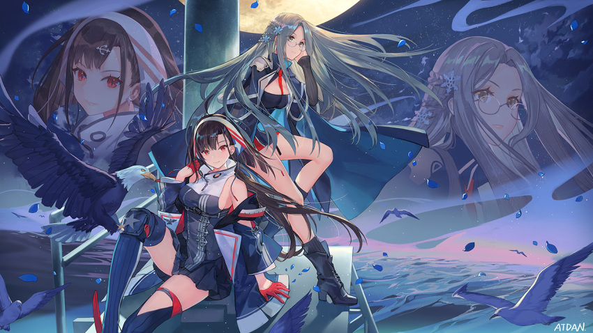 2girls anchor_hair_ornament animal artist_name atdan azur_lane bare_legs bare_shoulders between_breasts bird black_dress black_hair black_legwear black_shirt black_skirt braid breasts brown_eyes capelet closed_mouth commentary detached_sleeves dress eagle expressionless floating_hair full_moon glasses gloves grey_hair hair_ornament independence_(azur_lane) knee_up large_breasts long_hair looking_at_viewer low_ponytail medium_breasts miniskirt moon multiple_girls necktie night night_sky outdoors petals projected_inset red_eyes red_gloves round_eyewear shangri-la_(azur_lane) shirt sidelocks sitting skirt sky slit_pupils smile snowflake_hair_ornament star_(sky) starry_sky thigh-highs thighs very_long_hair