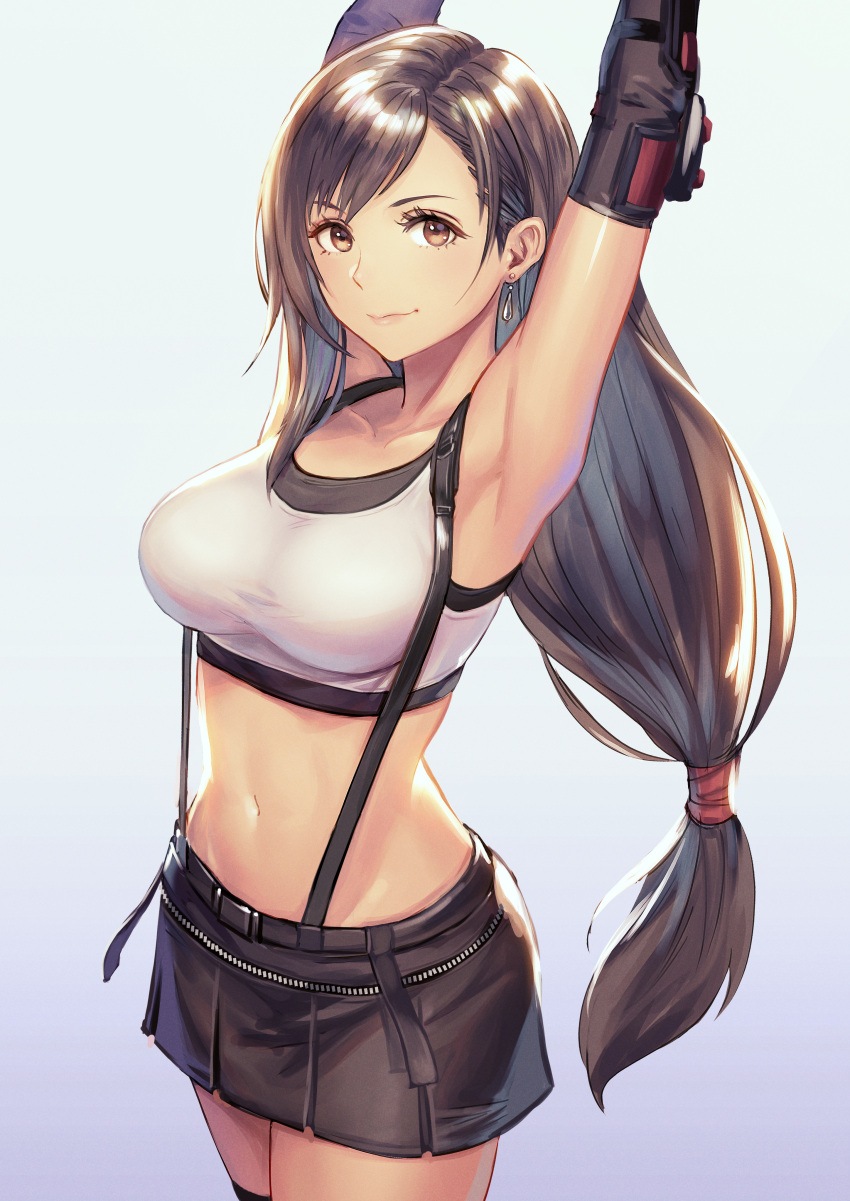 1girl absurdres anbe_yoshirou armpits arms_up bare_shoulders belt black_hair black_legwear black_skirt breasts brown_eyes closed_mouth collarbone cowboy_shot crop_top earrings elbow_pads eyelashes final_fantasy final_fantasy_vii final_fantasy_vii_remake gradient gradient_background highres jewelry large_breasts long_hair looking_at_viewer low-tied_long_hair midriff miniskirt navel pleated_skirt shirt skirt sleeveless sleeveless_shirt smile solo standing stomach suspenders tank_top taut_clothes taut_shirt thigh-highs tifa_lockhart very_long_hair white_shirt zettai_ryouiki