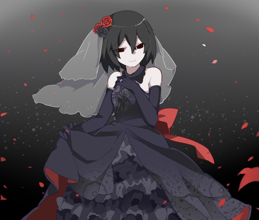 1girl bare_shoulders black_dress black_eyes black_gloves black_hair black_wedding_dress bow bridal_veil dress elbow_gloves eyebrows_visible_through_hair flower frilled_dress frills gloves hair_flower hair_ornament hammer_(sunset_beach) jewelry monogatari_(series) oshino_ougi owarimonogatari petals ring short_hair simple_background skirt skirt_lift sleeveless sleeveless_dress smile veil wedding_dress wedding_ring