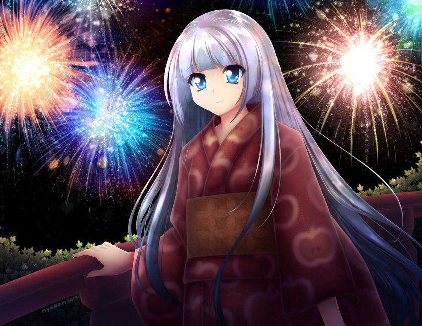 1girl bangs blue_eyes bridge bush dress eyebrows_visible_through_hair fingernails fireworks floral_print hands japanese_clothes kimono light light_particles long_hair long_sleeves looking_at_viewer nail night night_sky nyaaan obi original print_kimono red_kimono sash shiny shiny_hair signature silver_hair sky smile solo solo_focus wide_sleeves yukata