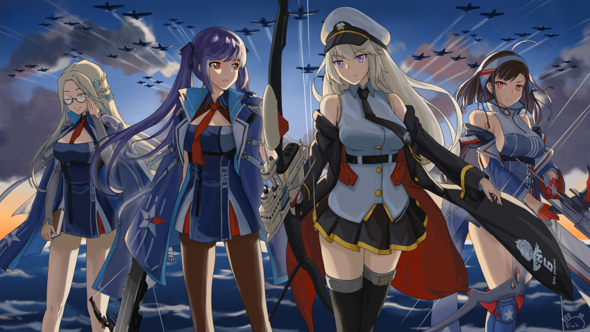 absurdres ahoge aircraft anchor_hair_ornament azur_lane bangs baozi belt black_belt black_coat black_legwear black_neckwear black_ribbon blue_hair blush book bow_(weapon) braid breasts brown_hair clouds cloudy_sky coat collared_shirt commentary_request crossbow dress dusk earrings enterprise_(azur_lane) essex_(azur_lane) eyebrows_visible_through_hair flight_deck food glasses grey_hair hair_ornament hair_ribbon hairband hat highres holding holding_book holding_bow independence_(azur_lane) jewelry large_breasts long_hair long_sleeves military military_hat miniskirt multiple_girls necktie ocean open_clothes open_coat outdoors pantyhose peaked_cap pleated_skirt red_eyes red_neckwear ribbon semi-rimless_eyewear shangri-la_(azur_lane) shirt sidelocks silver_hair skirt sky sleeveless sleeveless_shirt slit_pupils smile snowflake_hair_ornament twintails underbust very_long_hair violet_eyes wading weapon white_headwear yellow_eyes