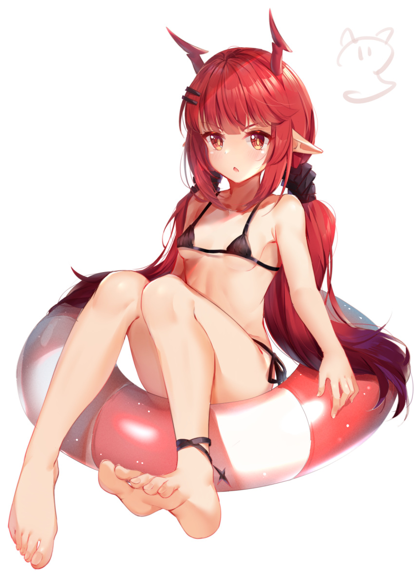 1girl arknights barefoot bikini black_bikini blush breasts feet hair_ornament hairclip highres horns long_hair looking_at_viewer low_twintails nahaki orange_eyes parted_lips pointy_ears red_horns redhead side-tie_bikini simple_background sitting small_breasts solo swimsuit twintails vigna_(arknights) white_background