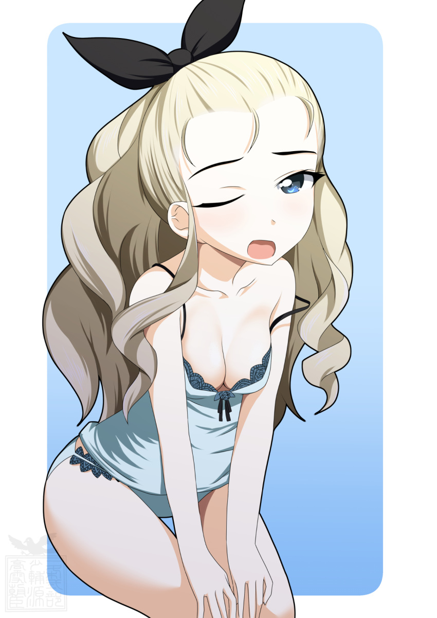 1girl artist_logo assam black_ribbon blonde_hair blue_background blue_eyes blue_panties blue_shirt breasts camisole commentary cowboy_shot girls_und_panzer gradient gradient_background hair_pulled_back hair_ribbon hands_on_thighs highres leaning_forward long_hair looking_at_viewer medium_breasts one_eye_closed ootori_masatsuna open_mouth outside_border panties ribbon rounded_corners shirt smile solo standing strap_slip thigh_gap underwear underwear_only