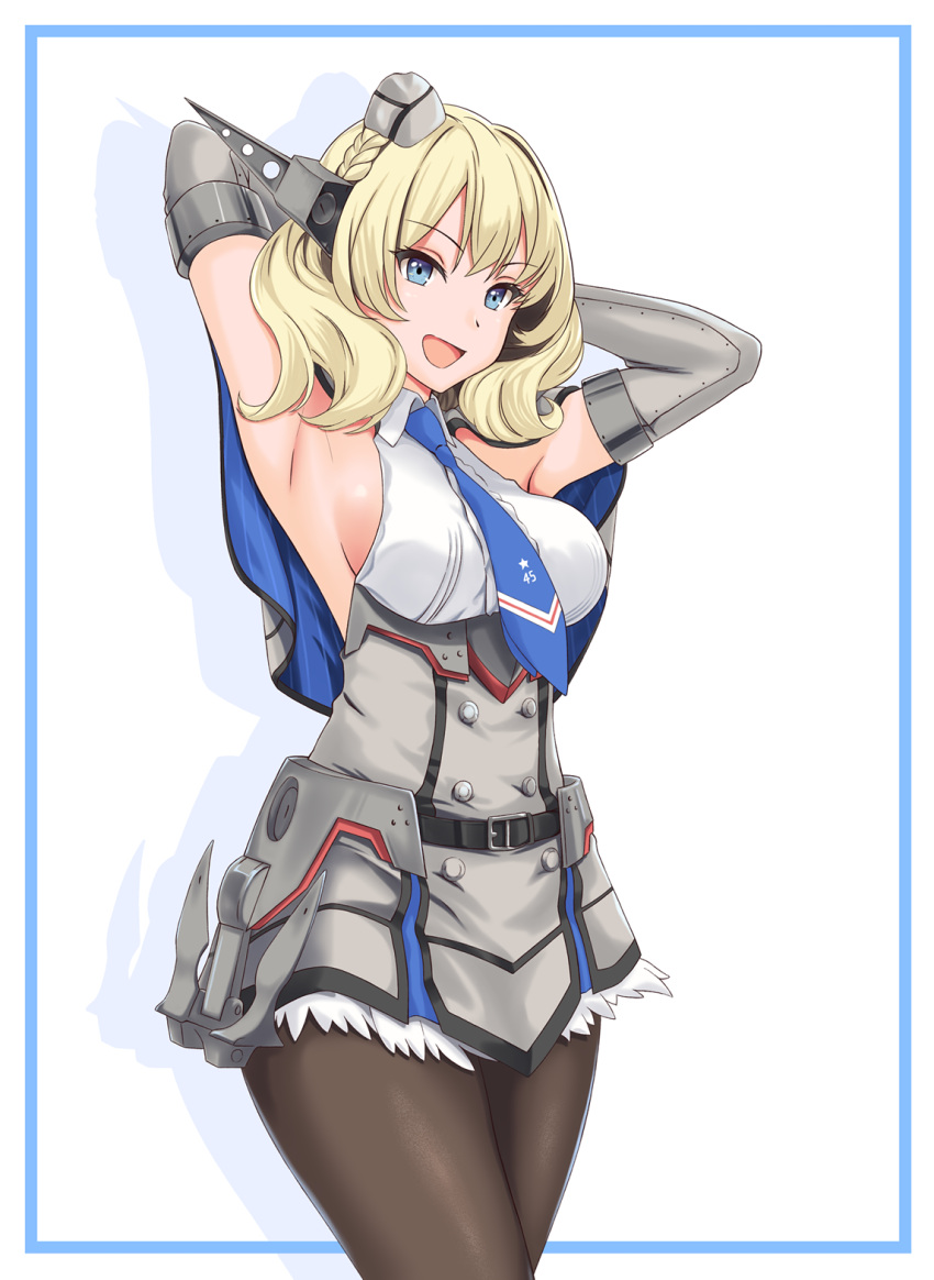 1girl arms_behind_head black_legwear blonde_hair blue_eyes blue_neckwear breasts capelet colorado_(kantai_collection) cowboy_shot dong_zhi_qiong dress elbow_gloves garrison_cap gloves grey_dress grey_headwear hat headgear highres kantai_collection large_breasts looking_at_viewer necktie open_mouth pantyhose pleated_dress shirt short_hair side_braids sideboob sleeveless smile solo two-tone_background white_background white_shirt