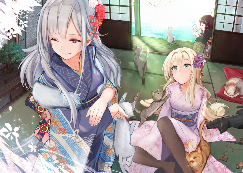 3girls ak-12_(girls_frontline) alternate_costume an-94_(girls_frontline) b_b_b_b66 black_cat black_legwear blonde_hair bonsai brown_hair cat character_request charm collar floral_print flower girls_frontline green_eyes hair_flower hair_ornament highres indoors japanese_clothes jewelry jewelry_removed kimono licking_lips long_hair looking_at_another multiple_girls necklace necklace_removed open_door pantyhose pillow pink_kimono red_eyes red_ribbon ribbon silver_hair sitting sleeping sliding_doors standing tatami tongue tongue_out white_cat
