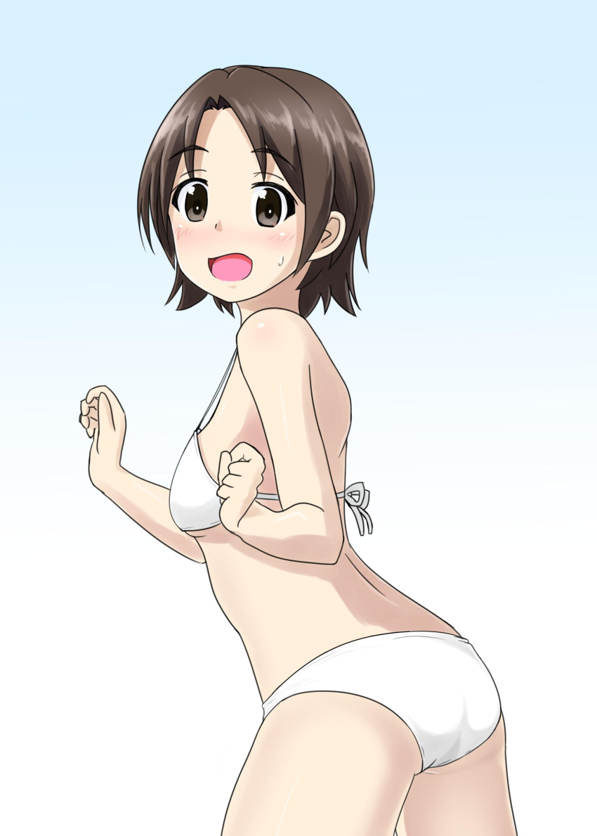 1girl absurdres ass back bangs bikini blue_background blush breasts brown_eyes brown_hair clenched_hand commentary cowboy_shot from_side frown girls_und_panzer gradient gradient_background highres horagai_(horagai222) leaning_forward looking_at_viewer open_mouth parted_bangs sawa_azusa short_hair small_breasts solo standing sweatdrop swimsuit white_bikini