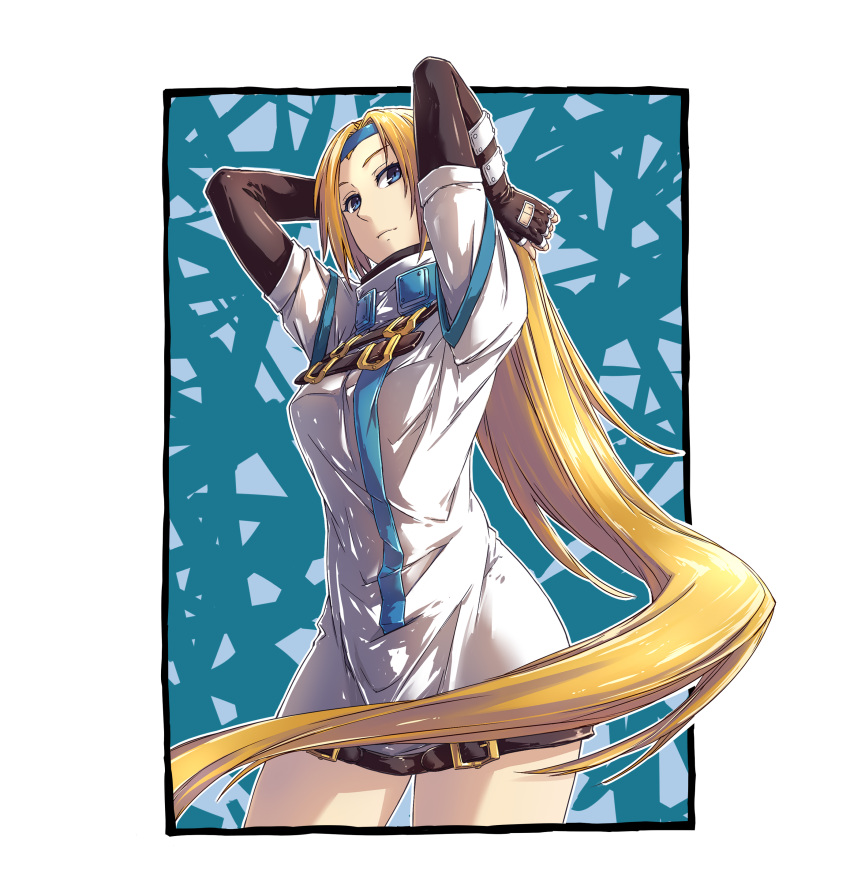 1girl absurdres arms_behind_head arms_up black_gloves blonde_hair blue_eyes blue_headband bottomless breasts buckle closed_mouth commentary_request cowboy_shot elbow_gloves fingerless_gloves fish.boy from_below gloves guilty_gear headband highres long_hair long_shirt looking_at_viewer looking_down medium_breasts millia_rage outline prehensile_hair shiny shiny_hair shirt solo standing strap very_long_hair white_outline white_shirt