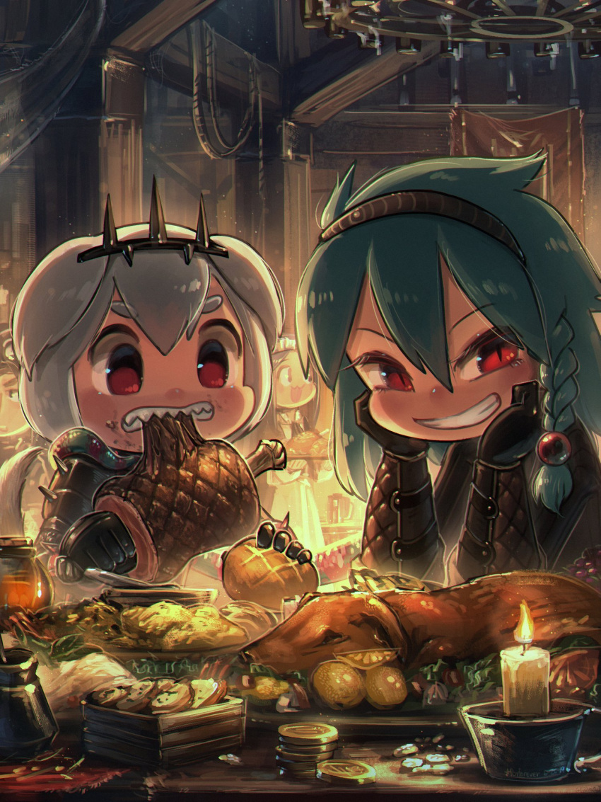2girls animal_ears artist_name bangs beads black_gloves boned_meat bracer braid bread candle cecile_(porforever) chandelier chibi clenched_teeth coin commentary dog_ears dog_girl dog_tail eating english_commentary food food_on_face gloves green_hair grin hair_beads hair_between_eyes hair_ornament hairband highres indoors long_hair looking_at_viewer meat multiple_girls original porforever red_eyes rope sharp_teeth short_hair side_braid single_braid slit_pupils smile symbol_commentary tail tavern teeth v-shaped_eyebrows white_hair