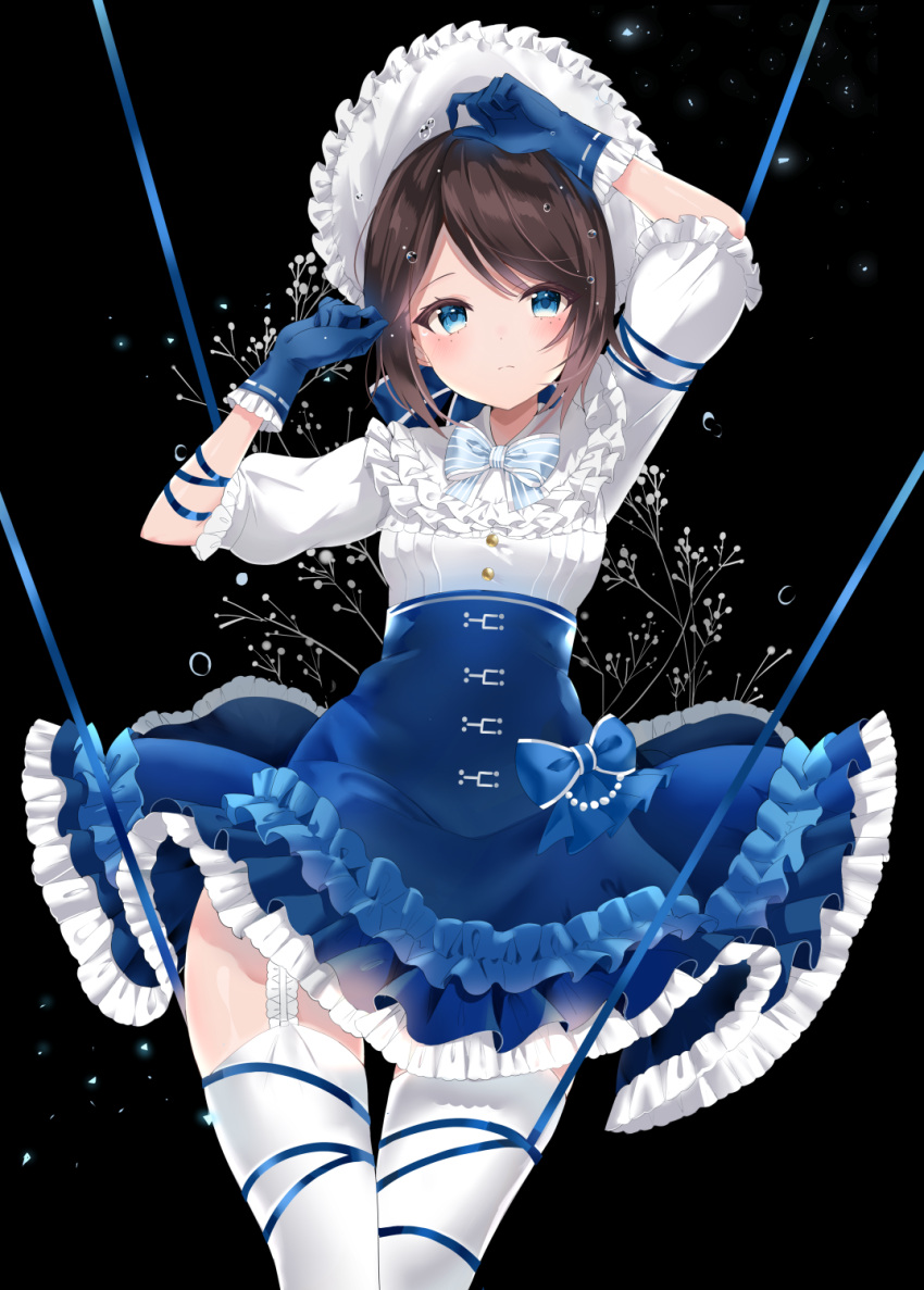 1girl alternate_costume arms_up black_background blue_bow blue_dress blue_eyes blue_gloves blue_ribbon bonnet bow brown_hair dress dress_bow droplet emma_woods freckles frilled_dress frills garter_straps gloves hat highres identity_v kanjyu0919 looking_at_viewer ribbon short_hair solo standing thigh-highs white_legwear