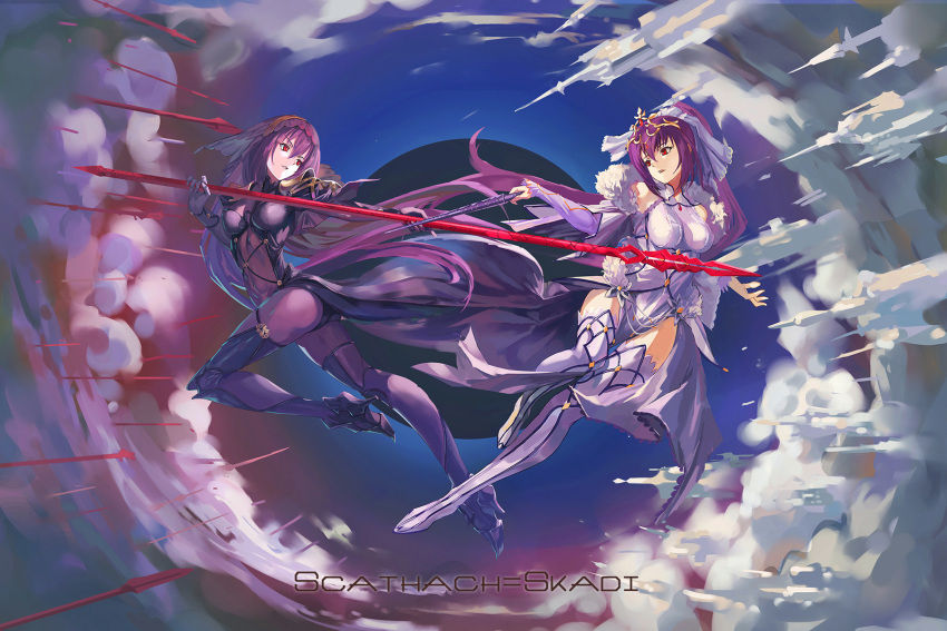 2girls armored_boots ass bare_shoulders bodysuit boots breasts clouds crown fate/grand_order fate_(series) fur_trim gae_bolg hair_between_eyes highres holding holding_spear holding_wand holding_weapon long_hair multiple_girls polearm ponytail purple_hair red_eyes scathach_(fate)_(all) scathach_(fate/grand_order) scathach_skadi_(fate/grand_order) spear thigh-highs thigh_boots ushas veil very_long_hair wand weapon