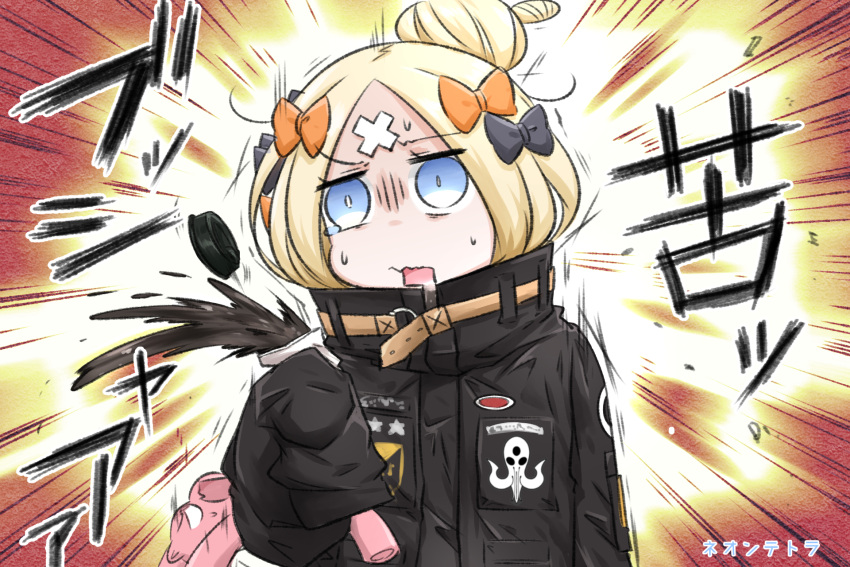 1girl abigail_williams_(fate/grand_order) artist_name bangs black_bow black_jacket blonde_hair blue_eyes bow coffee coffee_cup commentary_request crossed_bandaids cup disposable_cup eyebrows_visible_through_hair fate/grand_order fate_(series) hair_bow hair_bun hand_up heroic_spirit_traveling_outfit highres holding holding_cup jacket long_sleeves neon-tetora object_hug open_mouth orange_bow parted_bangs sleeves_past_fingers sleeves_past_wrists solo star stuffed_animal stuffed_toy sweat tears teddy_bear upper_body