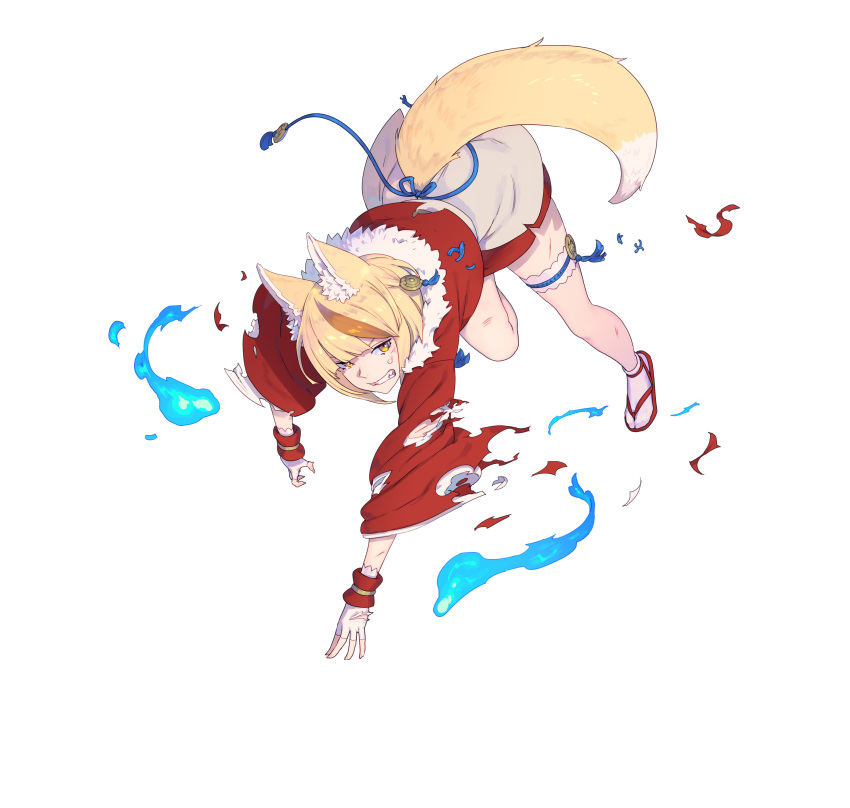 1girl absurdres animal_ears bangs blonde_hair brown_hair clenched_teeth fingerless_gloves fire_emblem fire_emblem_fates fire_emblem_heroes fox_ears fox_tail full_body fur_trim gloves hair_ornament highres japanese_clothes long_sleeves looking_away multicolored_hair nagisa_kurousagi official_art parted_lips sandals selkie_(fire_emblem) shiny shiny_hair short_hair solo tabi tail teeth thigh_strap torn_clothes transparent_background white_legwear yellow_eyes