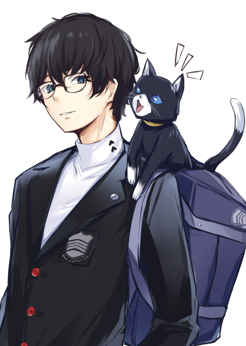 2boys amamiya_ren animal animal_ear_fluff atlus backpack bag bangs black-framed_eyewear black_cat black_hair black_jacket blazer blue_eyes blue_sclera borushichi cat commentary_request glasses grin highres human jacket kurusu_akira long_sleeves looking_at_another male male_focus megami_tensei morgana_(persona_5) multiple_boys normal open_mouth parted_lips persona persona_5 revision shirt simple_background smile super_smash_bros. tail upper_body white_background white_shirt