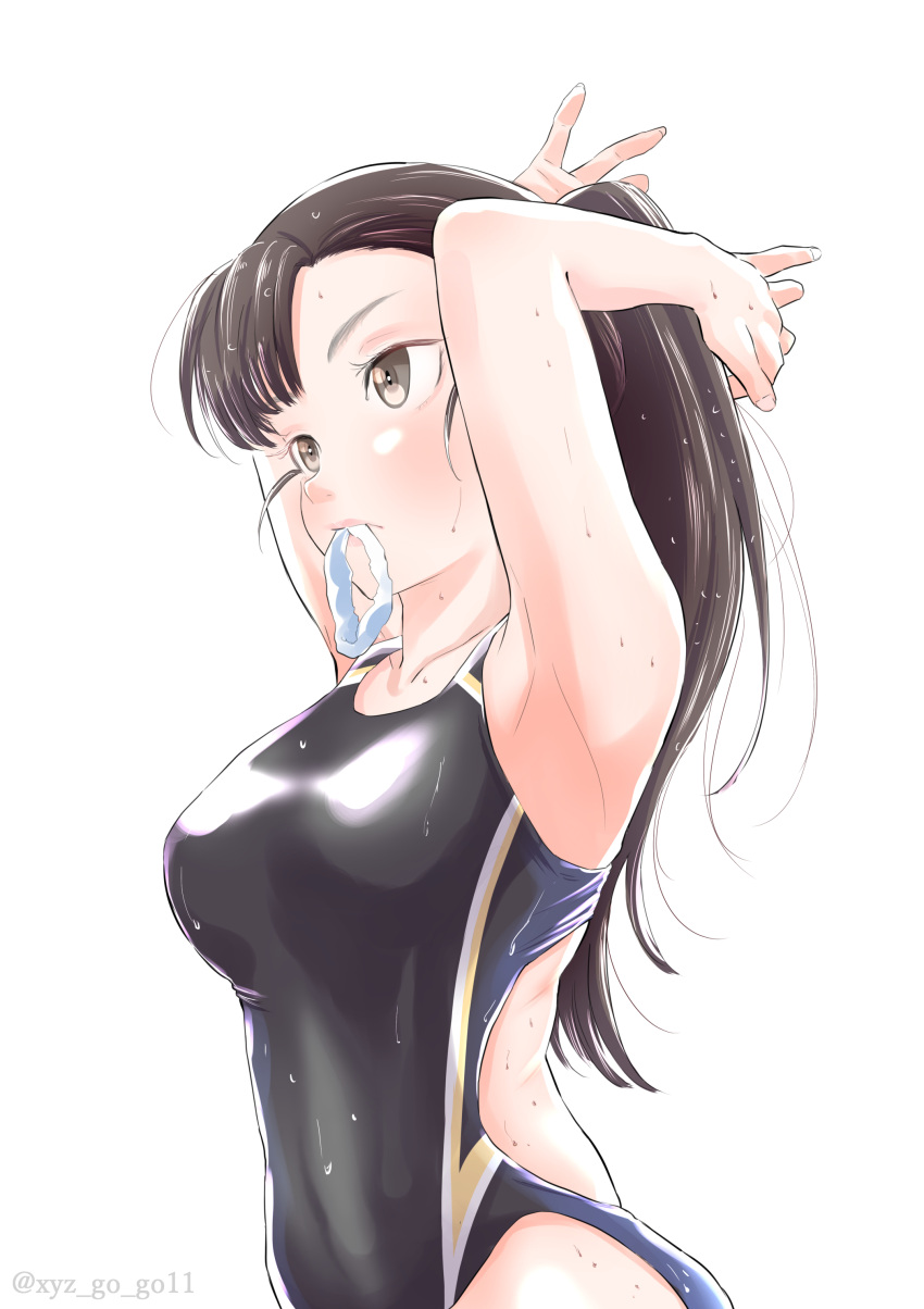 1girl absurdres armpits bangs black_hair blunt_bangs blush bright_pupils brown_eyes collarbone covered_navel girls_und_panzer hair_tie_in_mouth hand_behind_head highres long_hair mouth_hold navel nishi_kinuyo oze_(xyz_go_go11) scrunchie simple_background solo standing swimsuit tying_hair water_drop white_background white_pupils