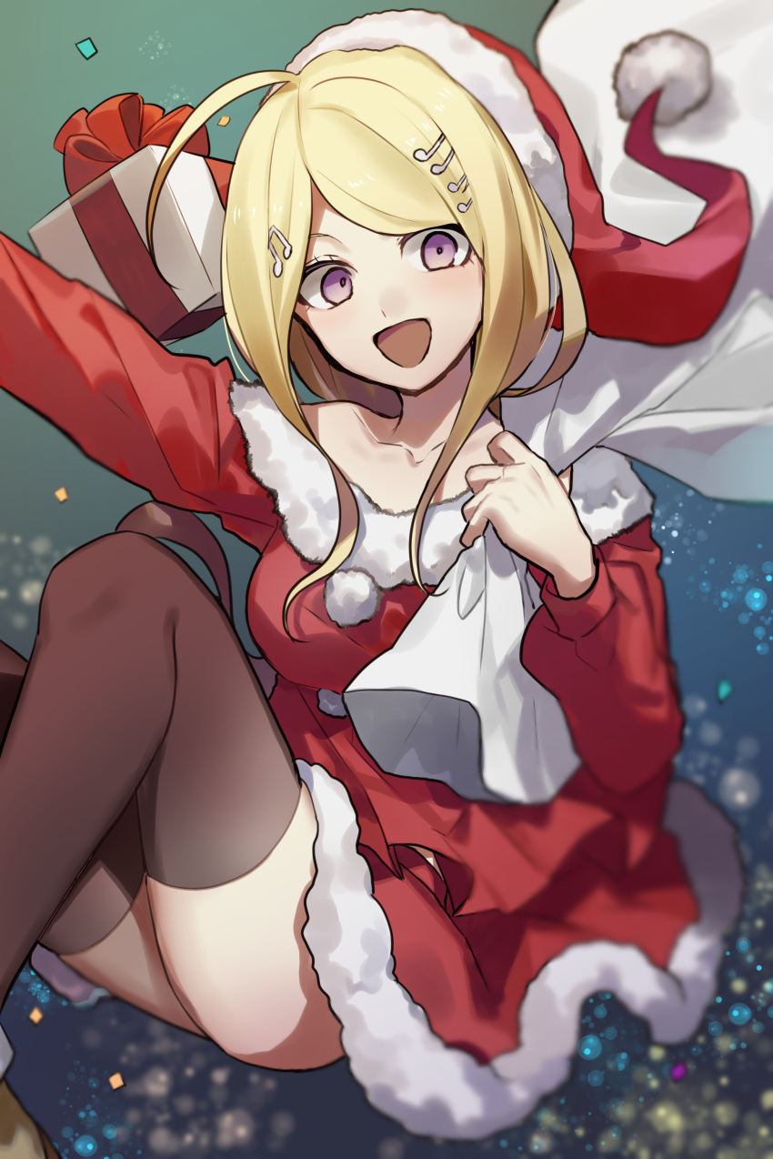 1girl absurdres ahoge akamatsu_kaede alternate_costume bangs bare_shoulders black_legwear blonde_hair breasts collarbone commentary_request dangan_ronpa fur_trim gift hat highres holding holding_sack huyuharu0214 large_breasts long_hair long_sleeves looking_at_viewer musical_note_hair_ornament new_dangan_ronpa_v3 sack santa_costume santa_hat smile solo thigh-highs violet_eyes