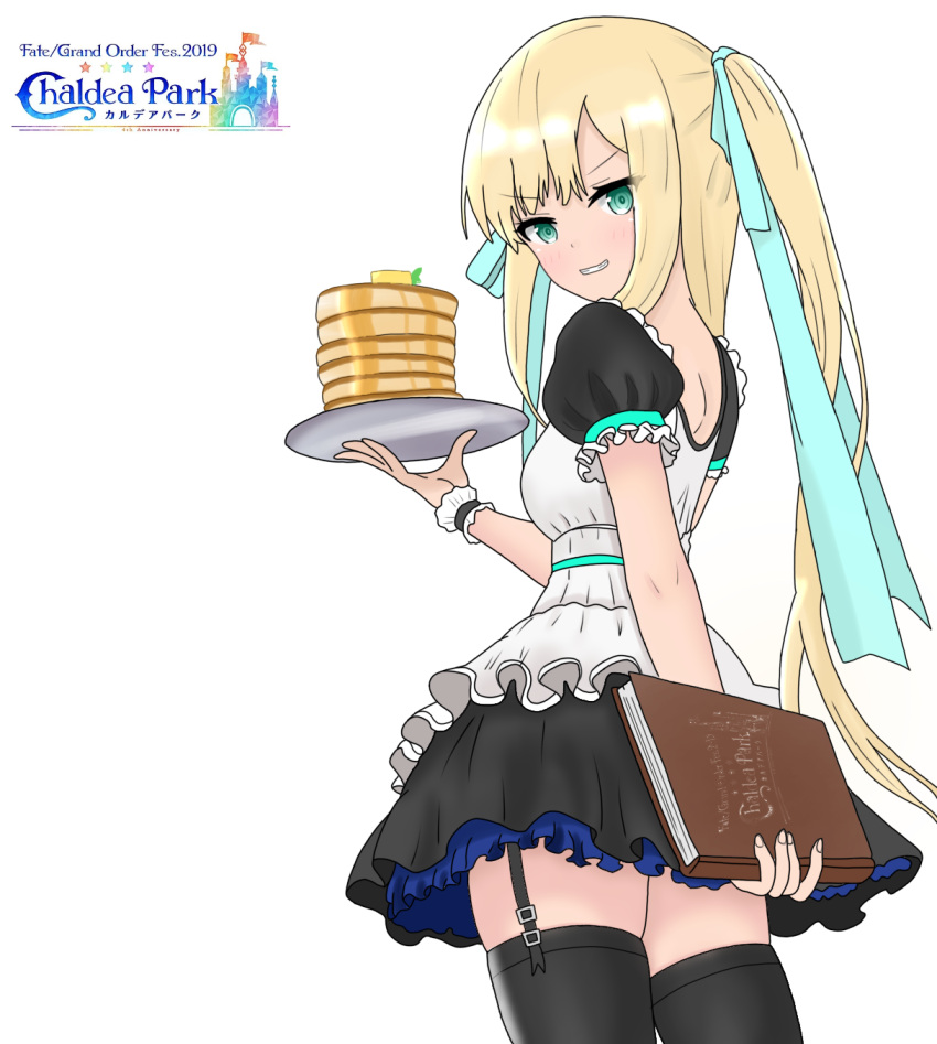 1girl 2019 alternate_hairstyle atsumisu bangs black_legwear black_skirt blonde_hair blue_ribbon blush eyebrows_visible_through_hair fate_(series) fingernails food garter_straps green_eyes grin hair_ribbon highres holding holding_menu holding_tray looking_at_viewer looking_to_the_side lord_el-melloi_ii_case_files menu pancake puffy_short_sleeves puffy_sleeves reines_el-melloi_archisorte ribbon shirt short_sleeves sidelocks simple_background skindentation skirt smile solo stack_of_pancakes thigh-highs tray twintails white_background white_shirt wrist_cuffs